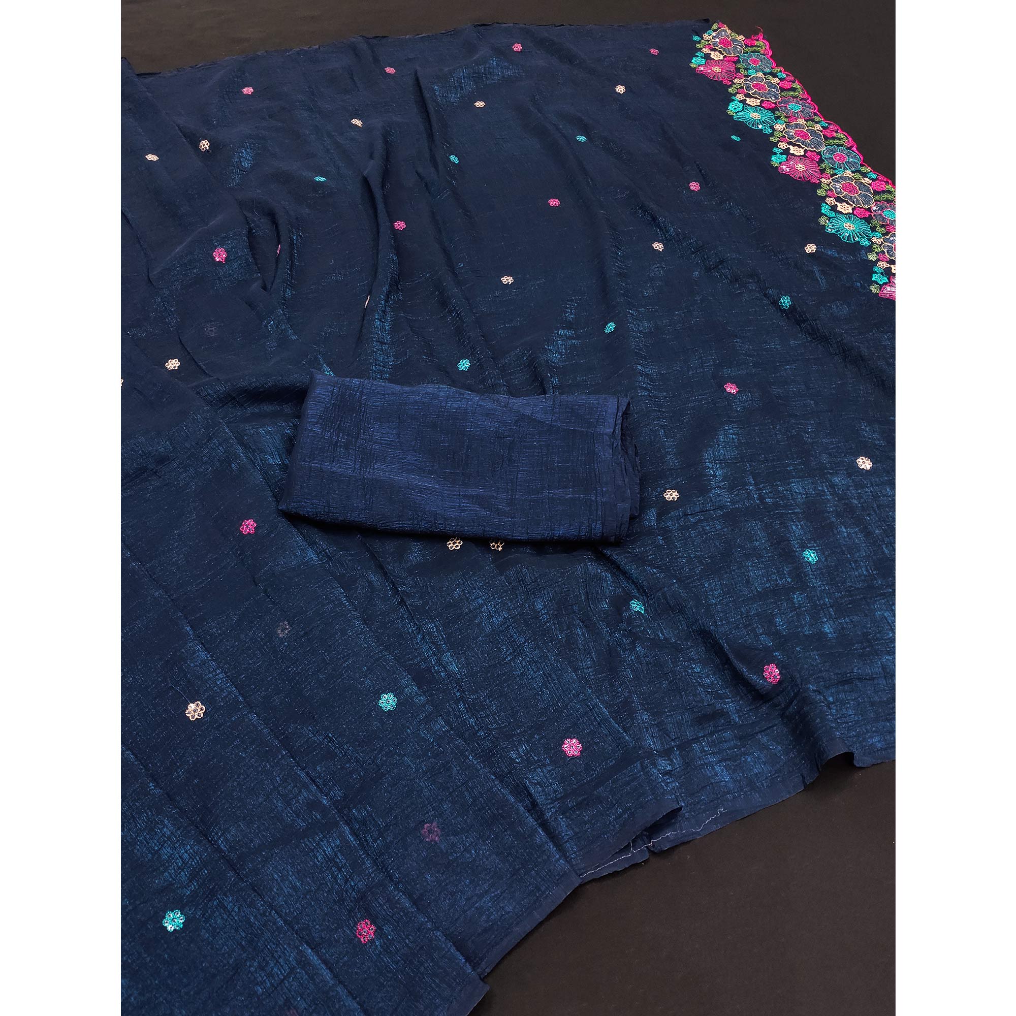 Blue Sheer Chiffon Saree with Artistic Floral Sequins Work - Image 3