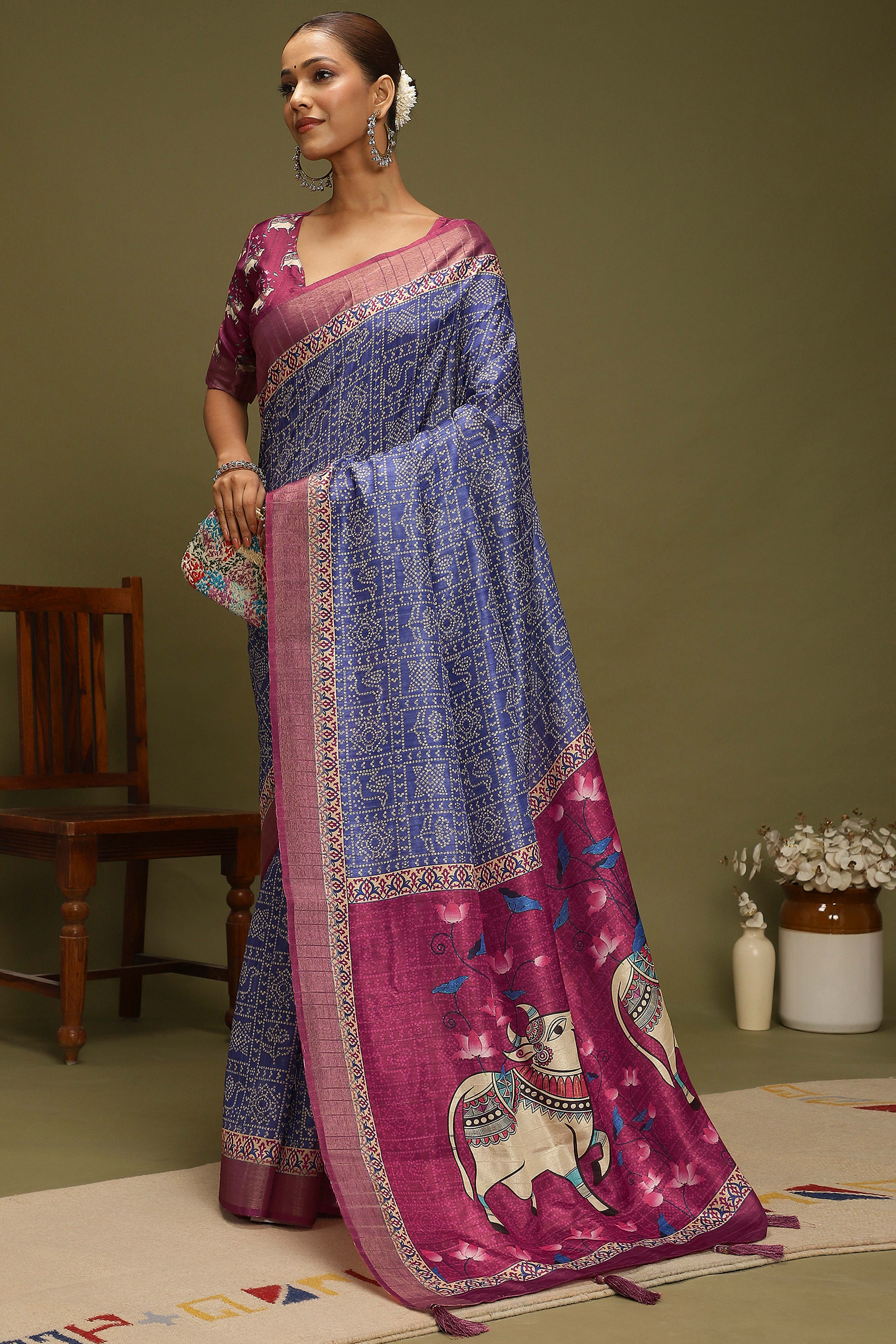Blue Silk Blend Saree Decorated with Vibrant Bandhani Prints and Festive Detailing - Image 3