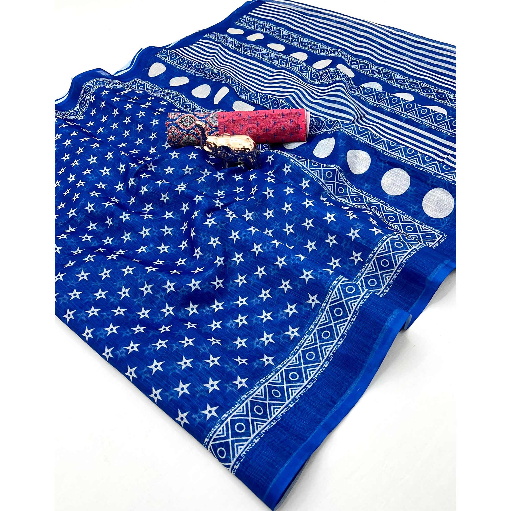 Blue Soft Linen Saree with Artistic Print Detailing - Image 3