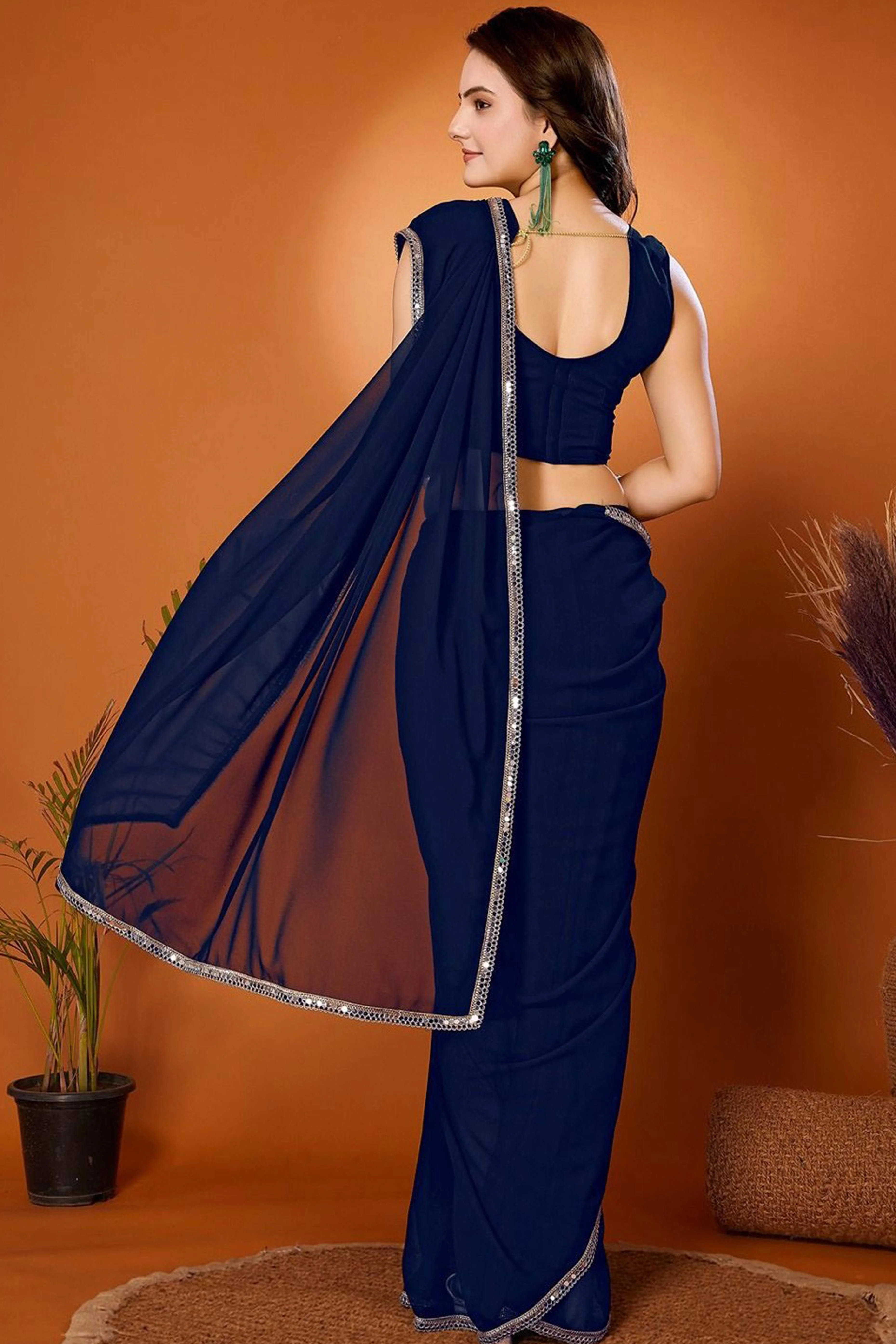 Blue Solid Georgette Saree With Mirror Border - Image 3