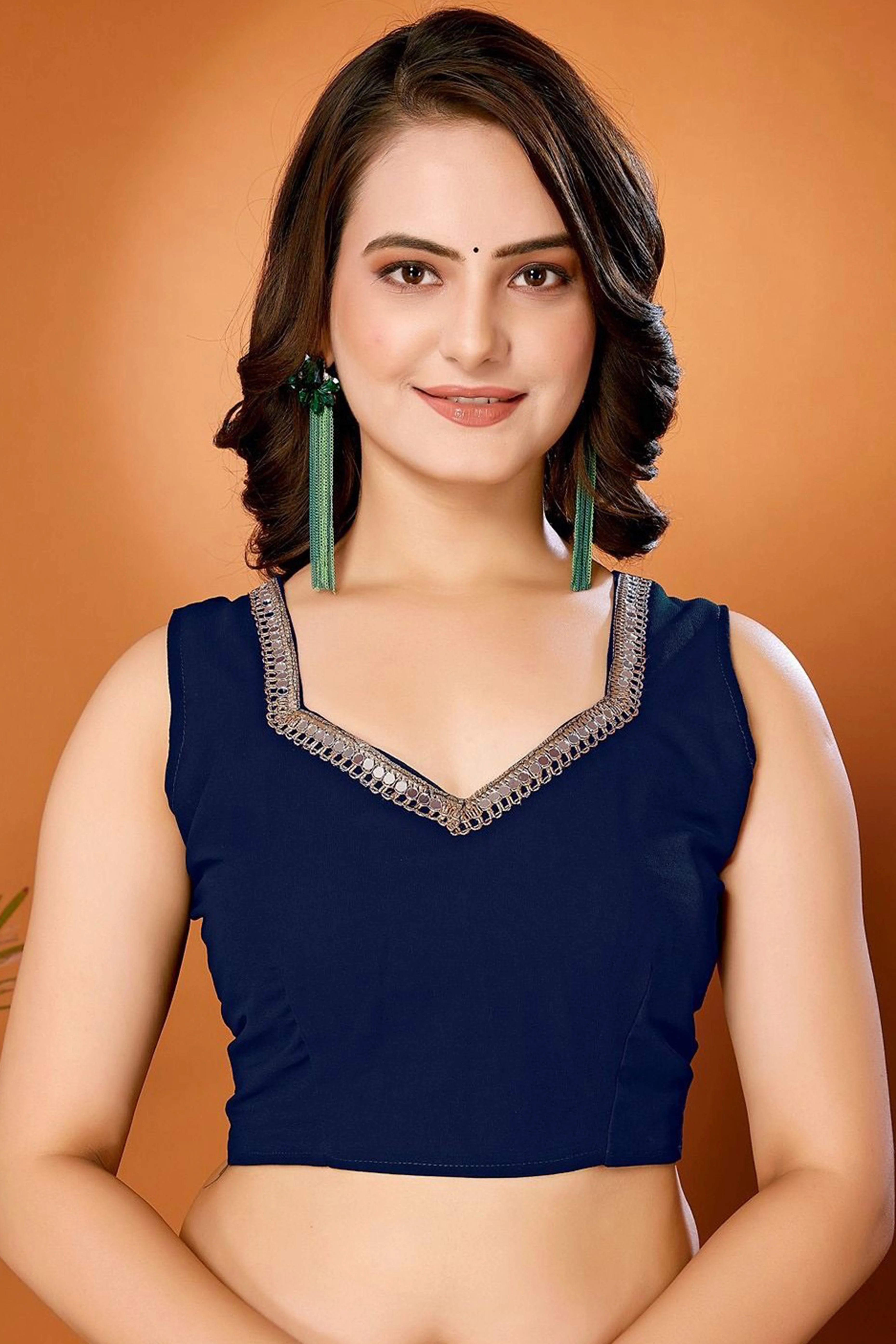 Blue Solid Georgette Saree With Mirror Border - Image 5