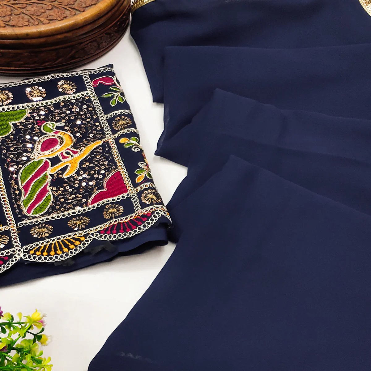 Blue Solid Georgette Saree With Sequins Border - Image 2