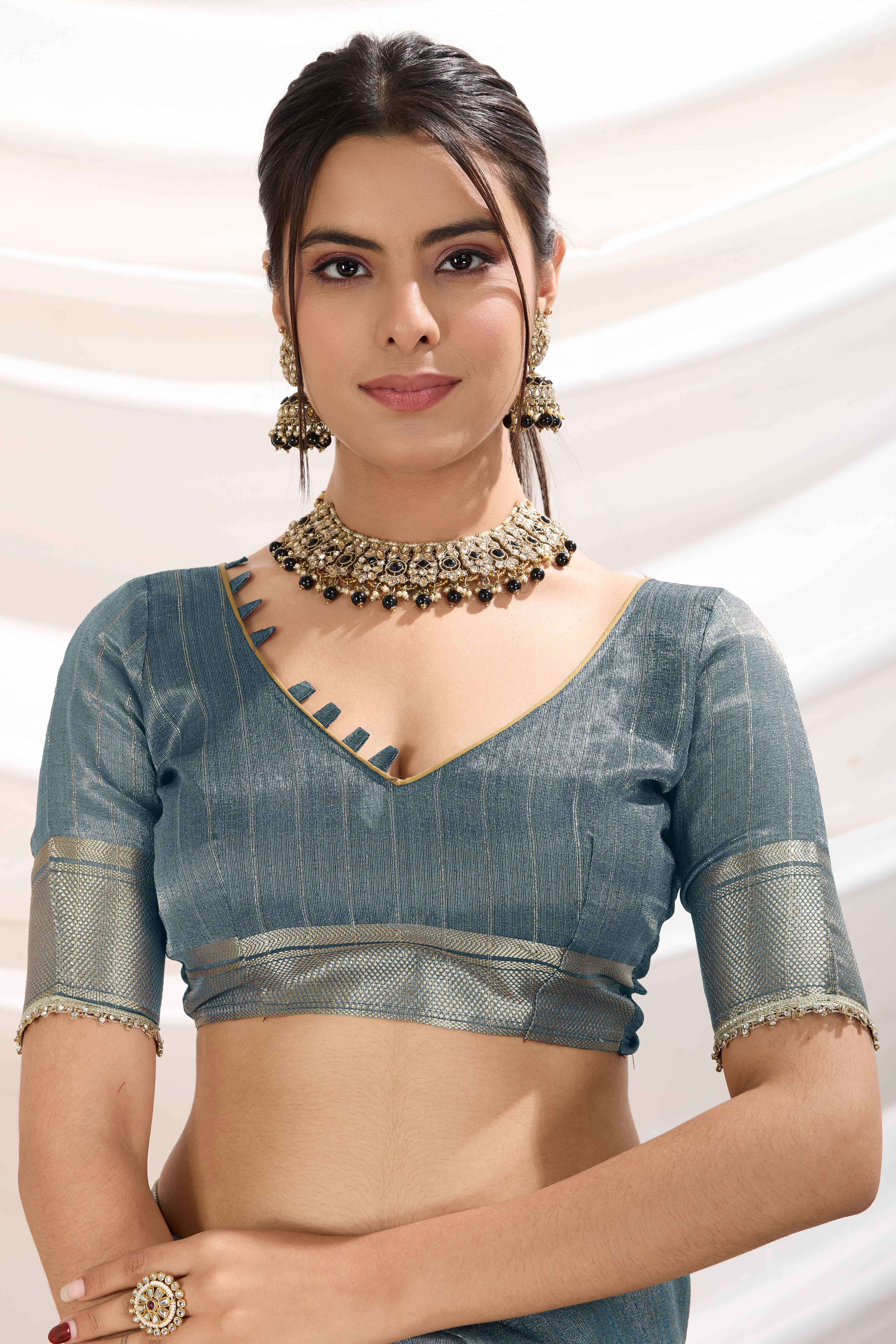 Blue Solid Linen Tissue Saree With Weaving & Zarkan Lace Border - Image 8