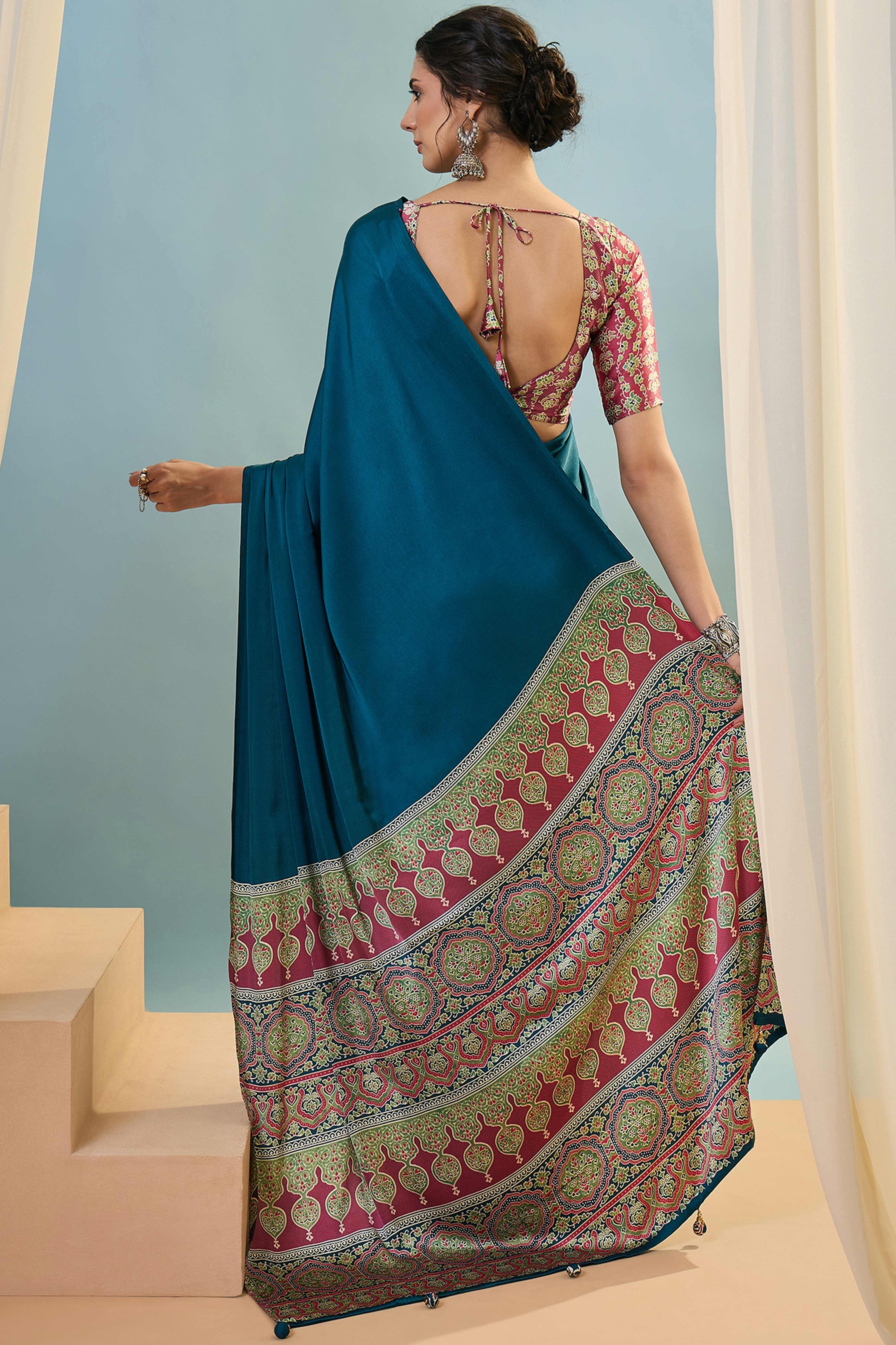 Blue Solid Modal Satin Saree Highlighted With Classic Ajrakh Pallu Design - Image 4