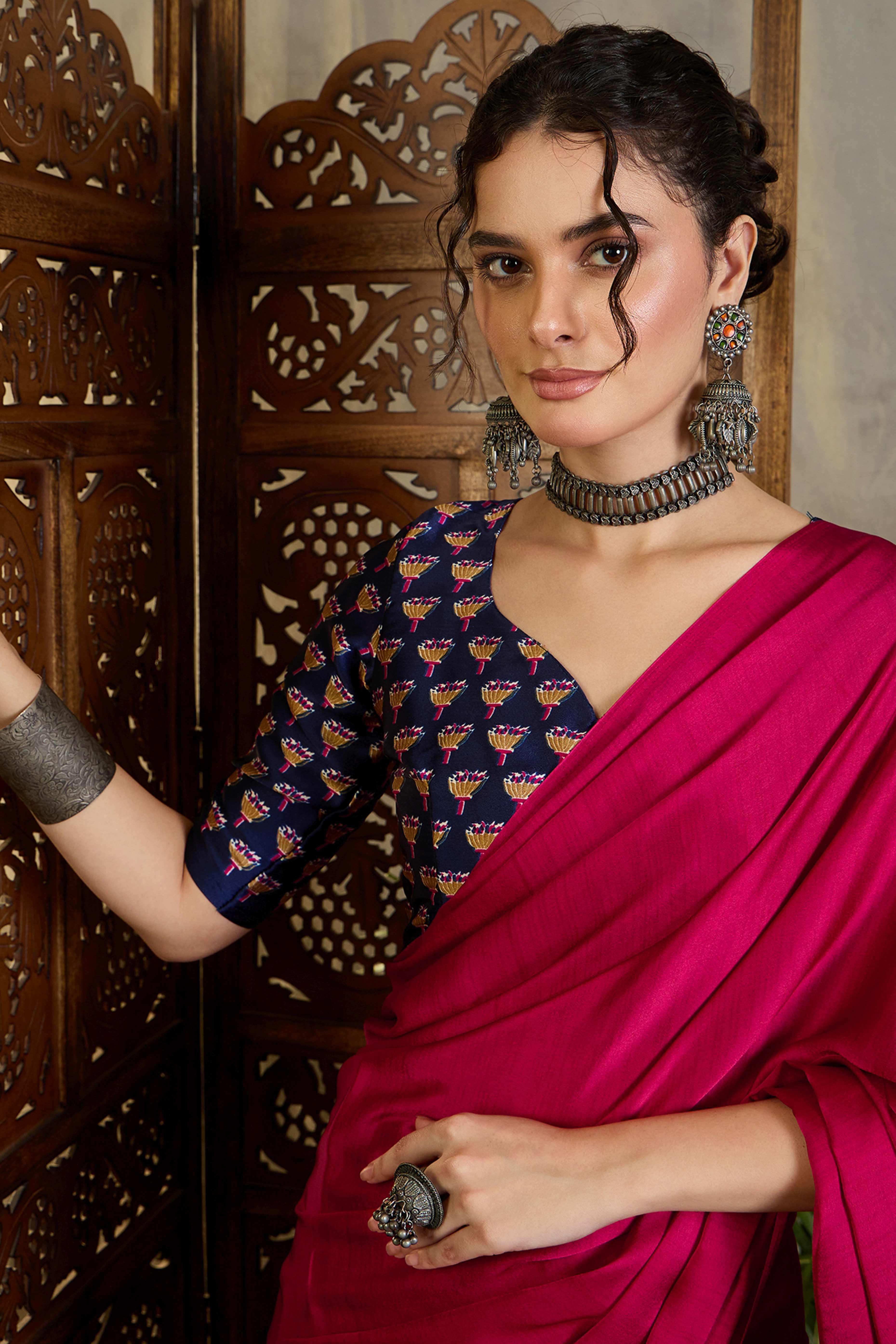 Blue Solid Modal Satin Saree Highlighted with Classic Ajrakh Pallu Design - Image 7