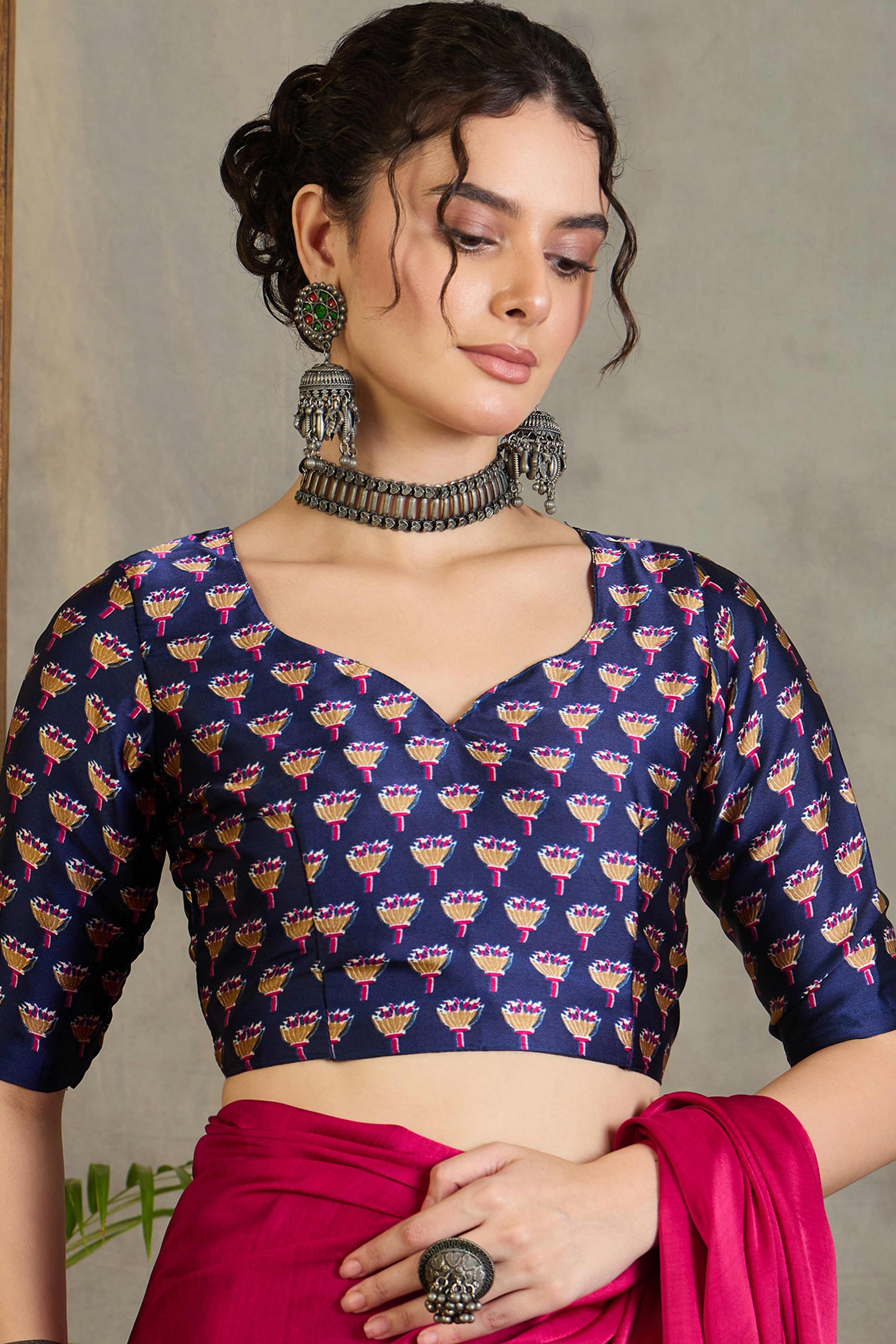 Blue Solid Modal Satin Saree Highlighted with Classic Ajrakh Pallu Design - Image 8