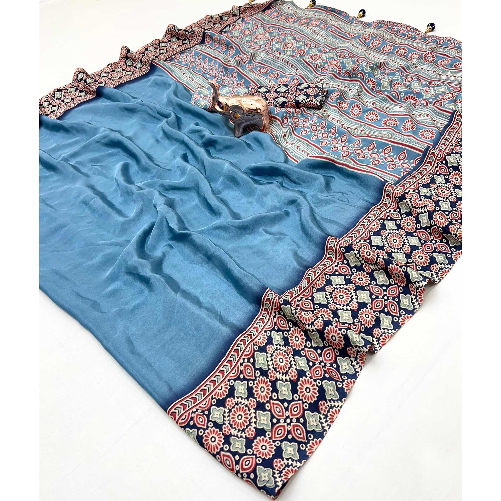 Blue Solid Satin Saree Featuring Bold Ajrakh Print and Tassel Accented Pallu - Image 3