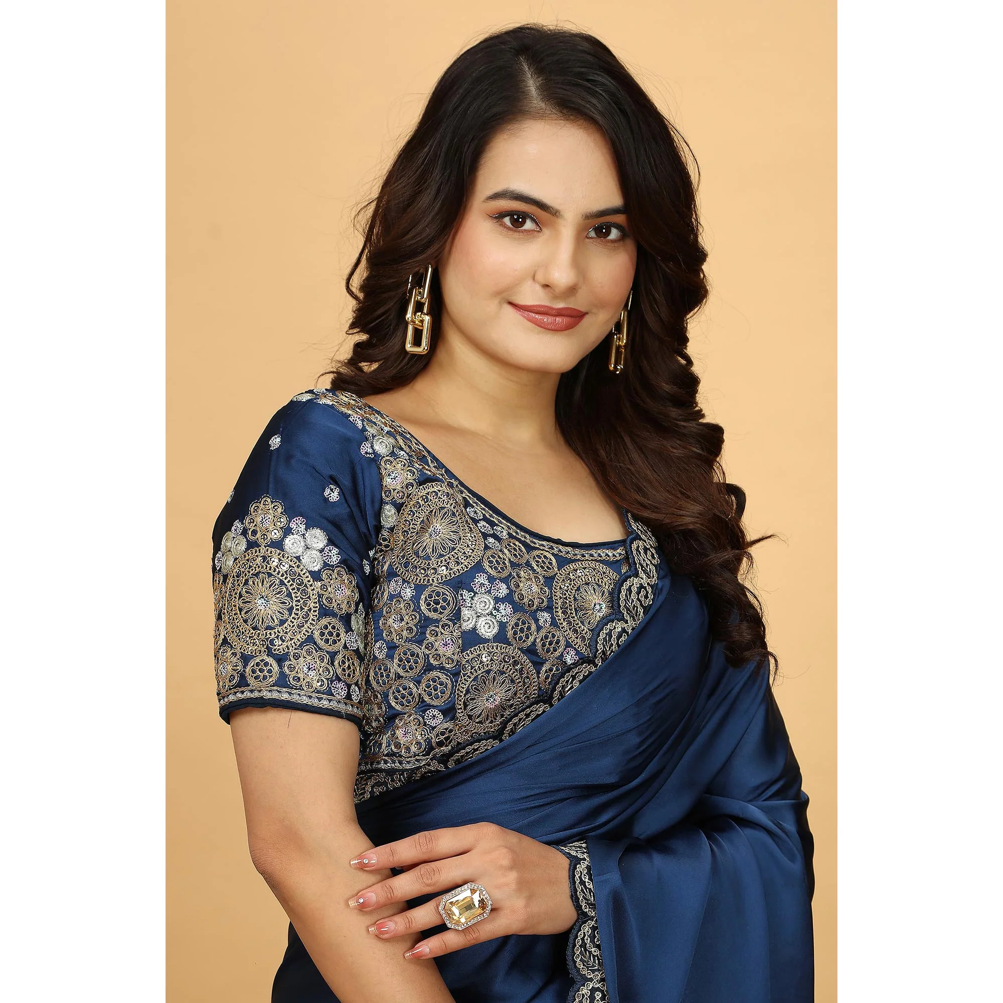 Blue Solid Satin Saree With Sequins Embroidered Border - Image 4