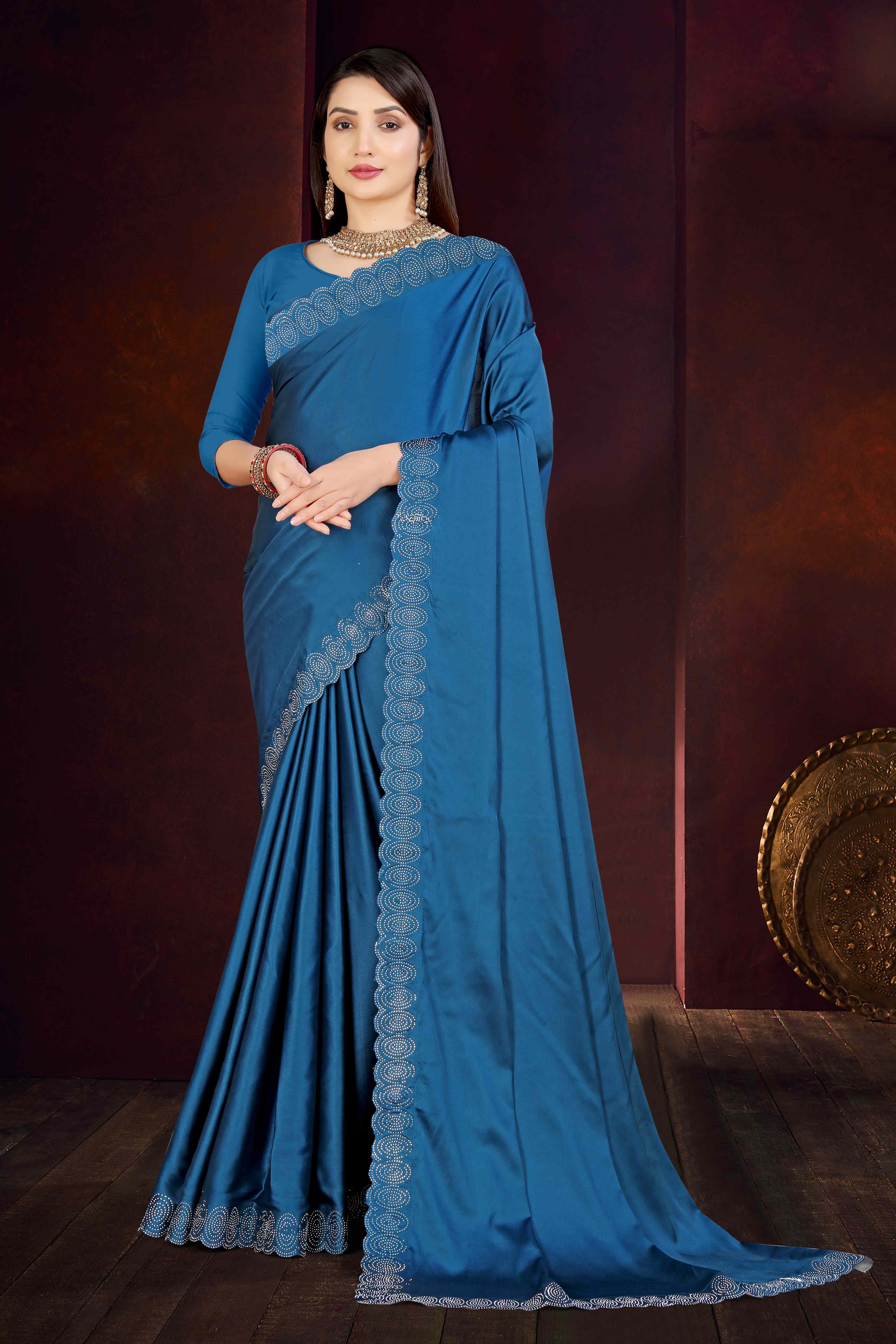Blue Solid With Swarovski Work Satin Saree - Image 3