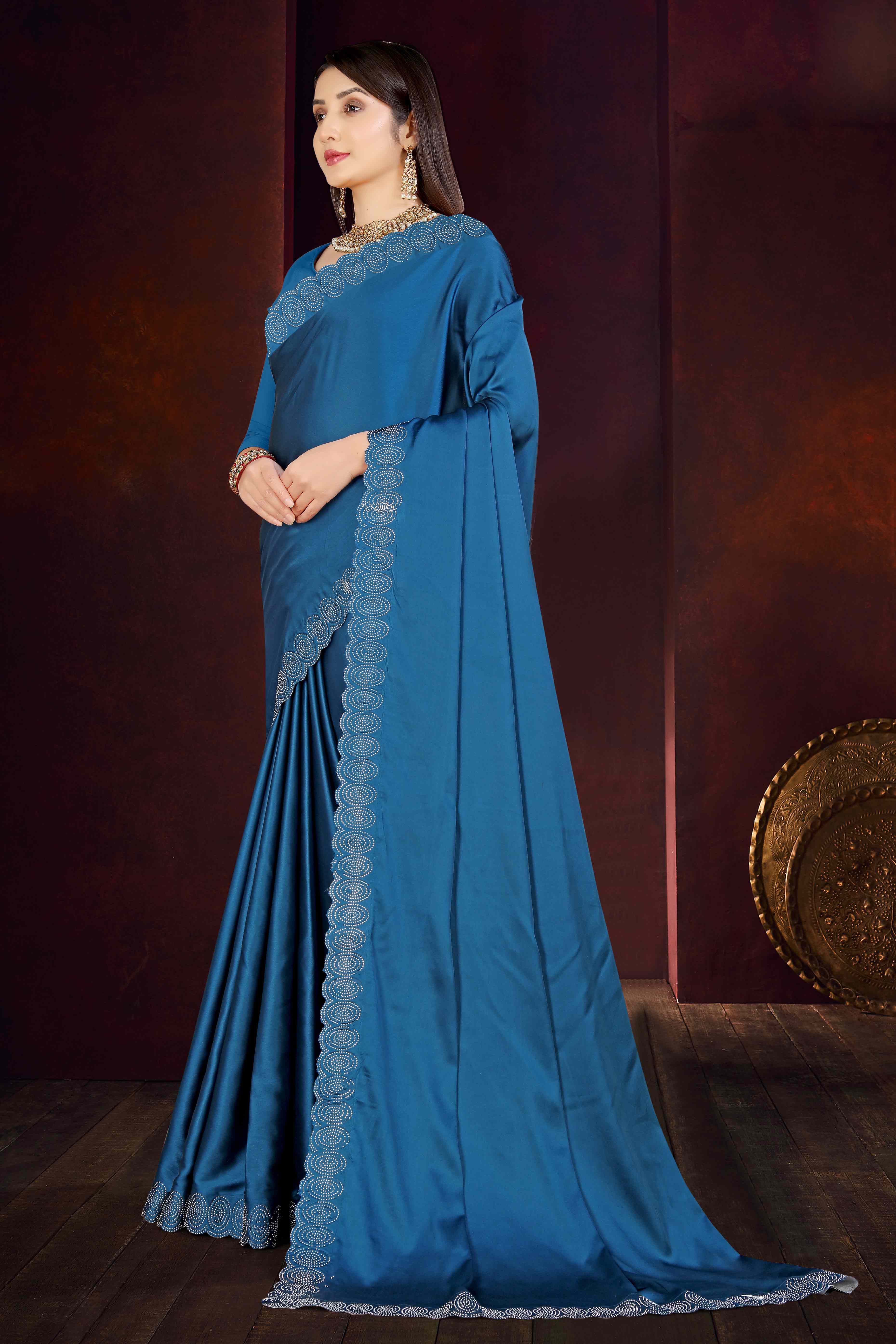 Blue Solid With Swarovski Work Satin Saree - Image 4