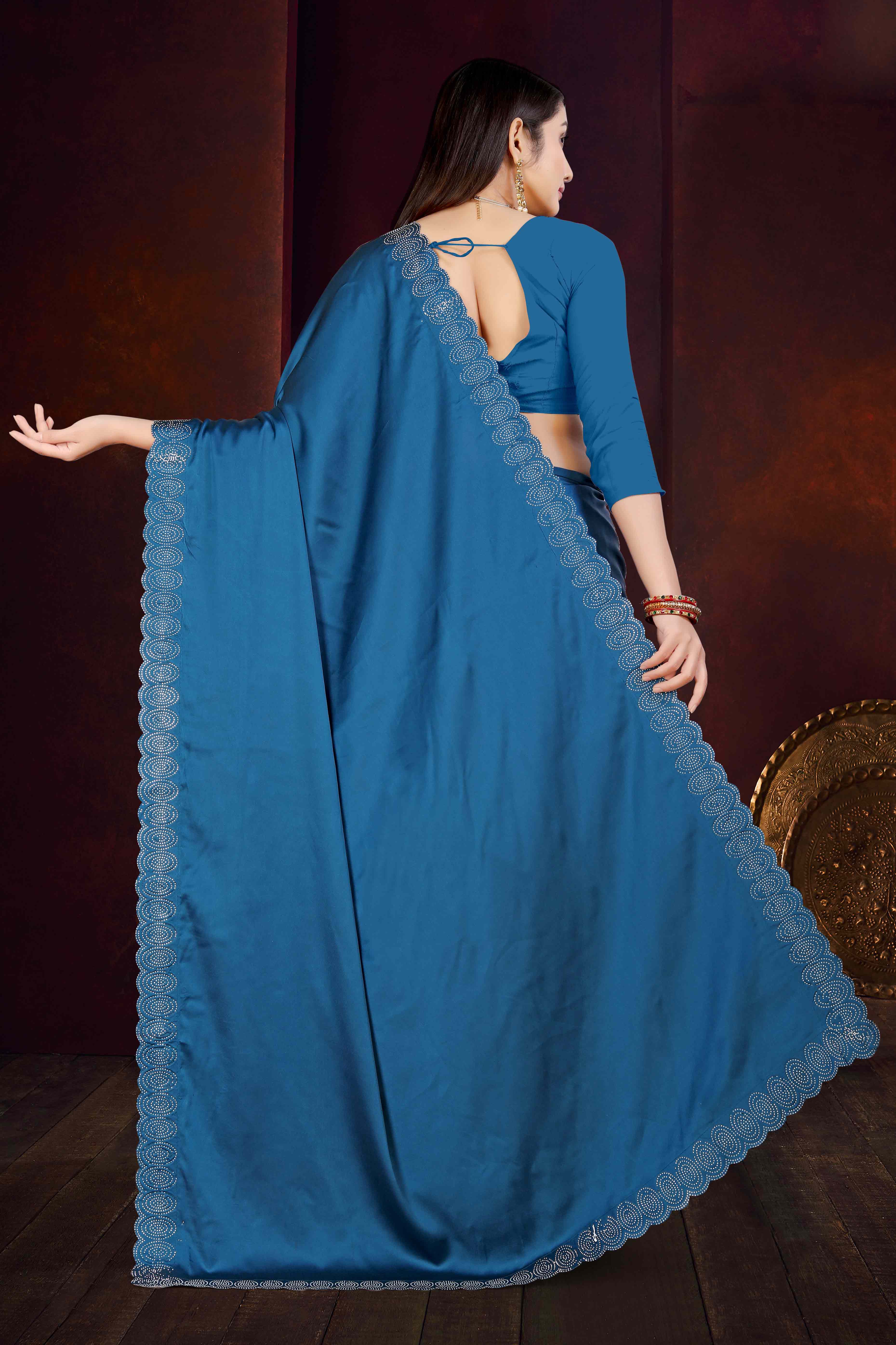 Blue Solid With Swarovski Work Satin Saree - Image 5
