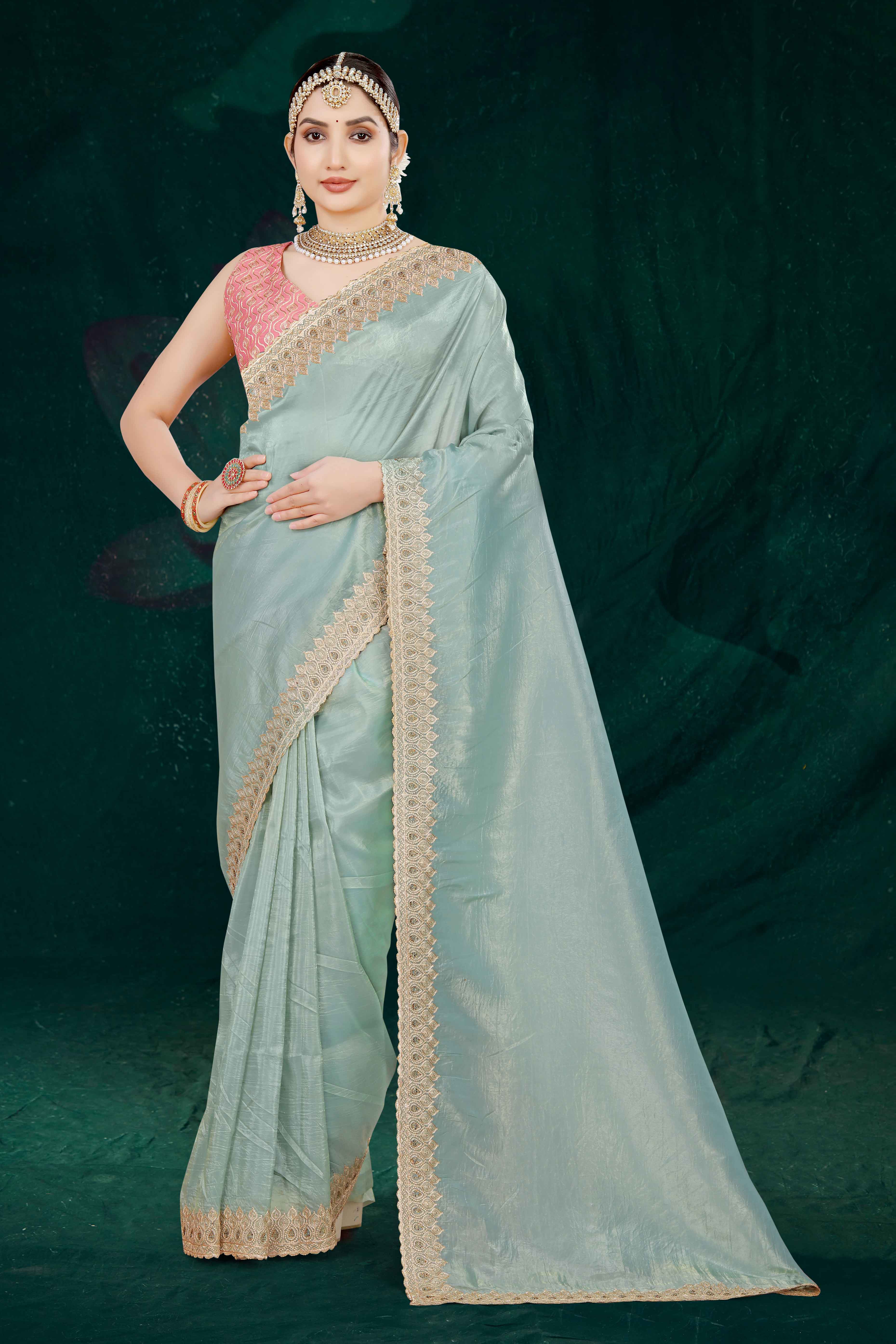 Blue Solid With Swarovski Work Tissue Gold Crush Saree - Image 3