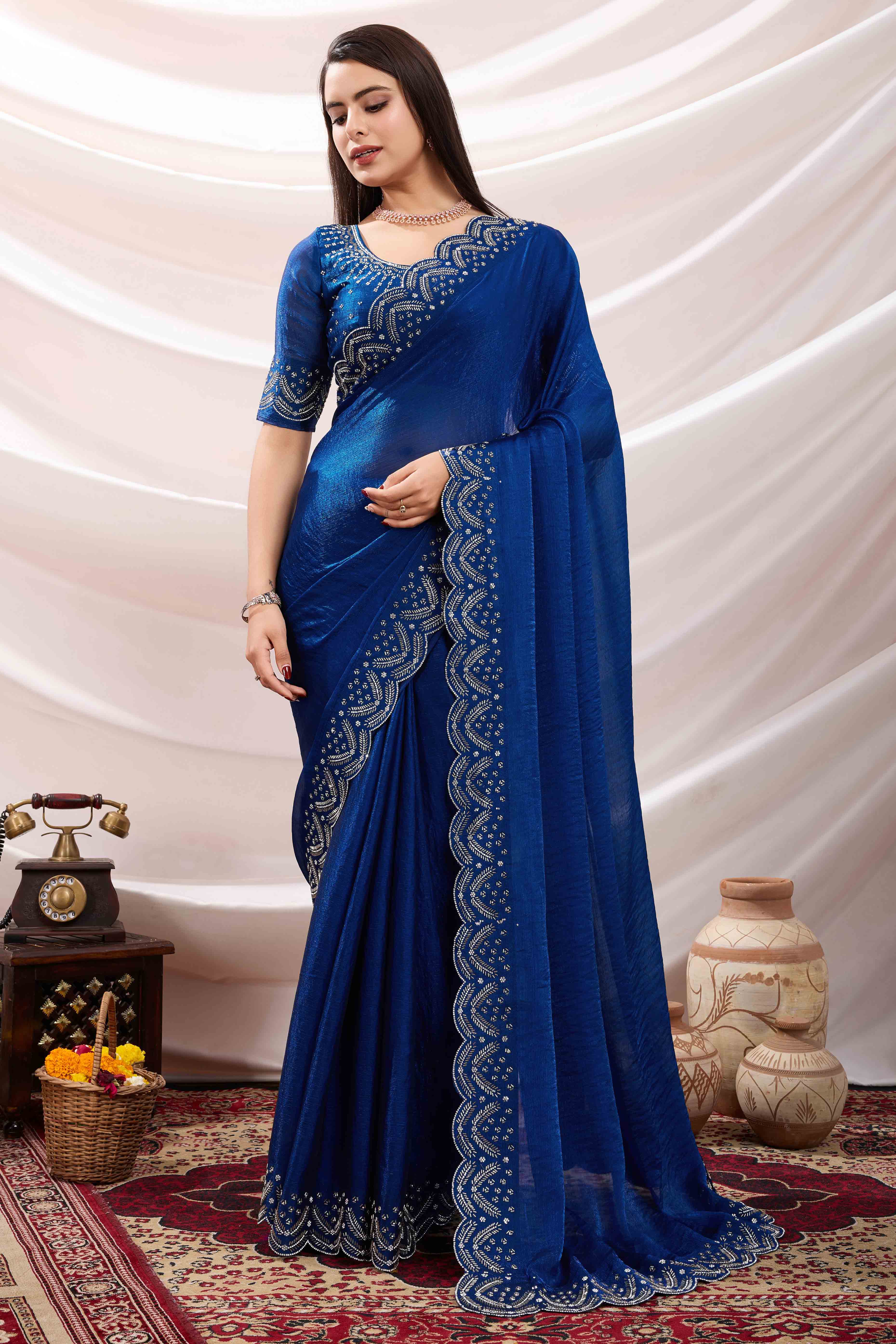 Blue Stone Work Embroidered Velvet Chiffon Saree - Image 3