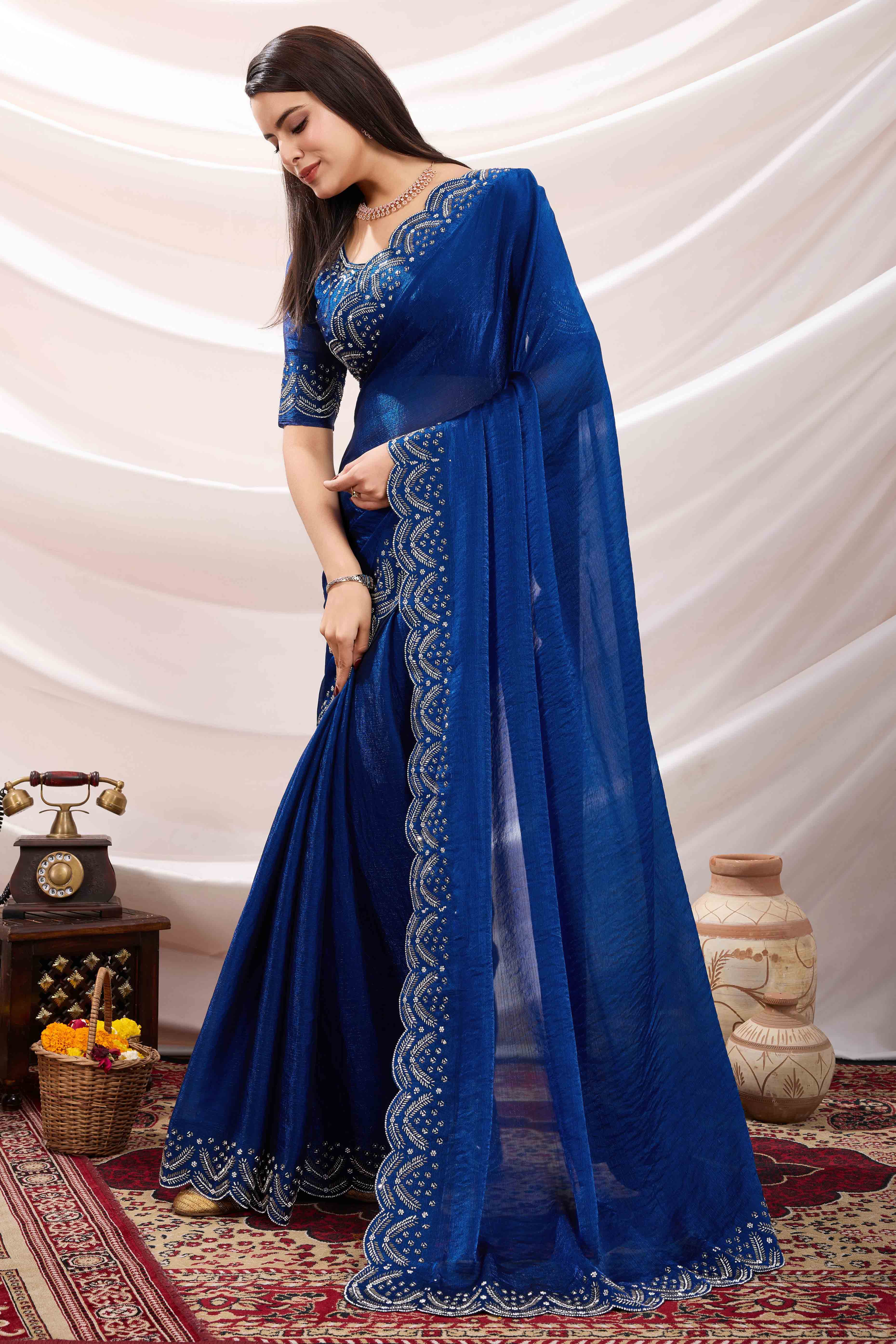 Blue Stone Work Embroidered Velvet Chiffon Saree - Image 4