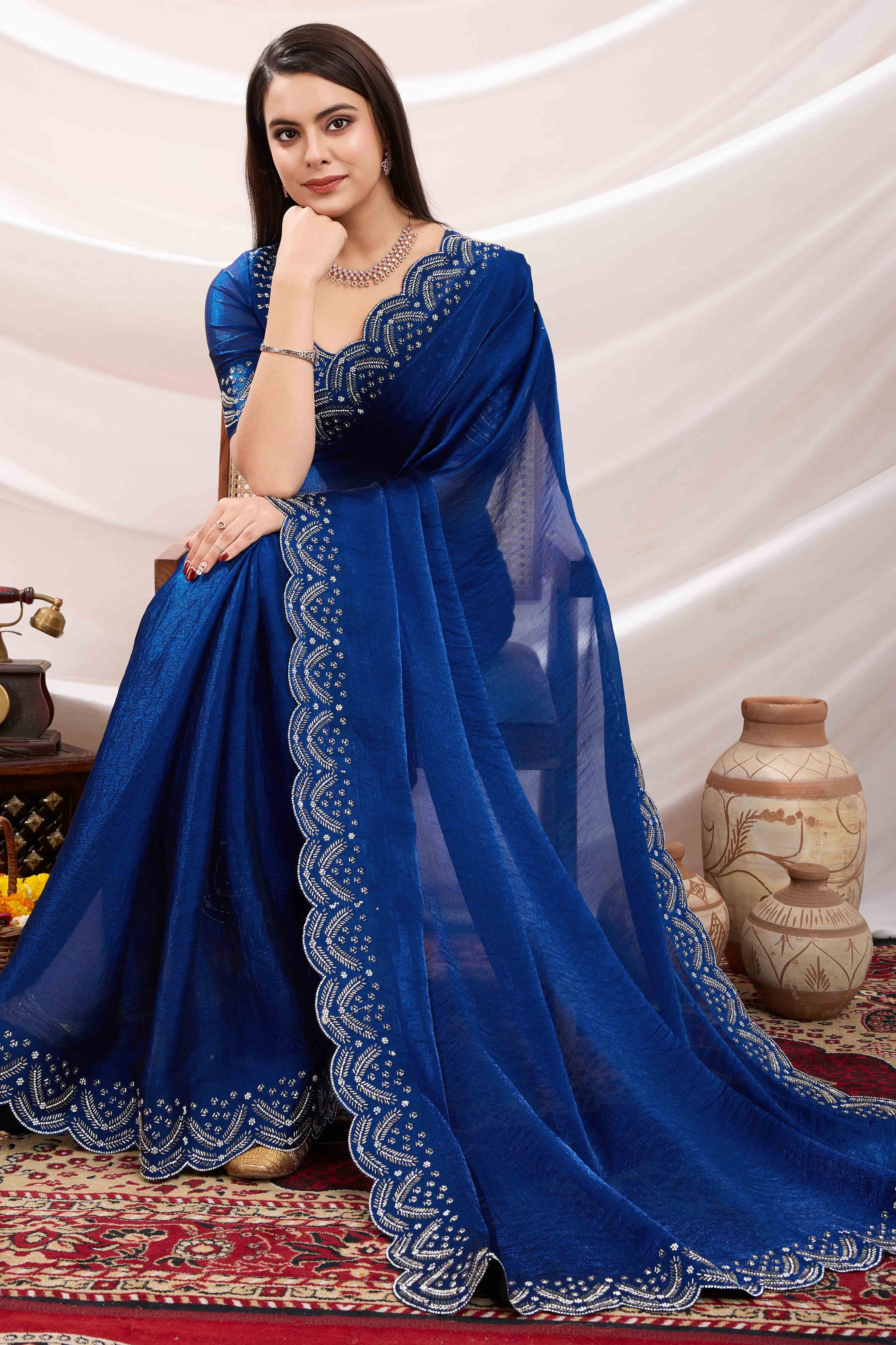 Blue Stone Work Embroidered Velvet Chiffon Saree - Image 5