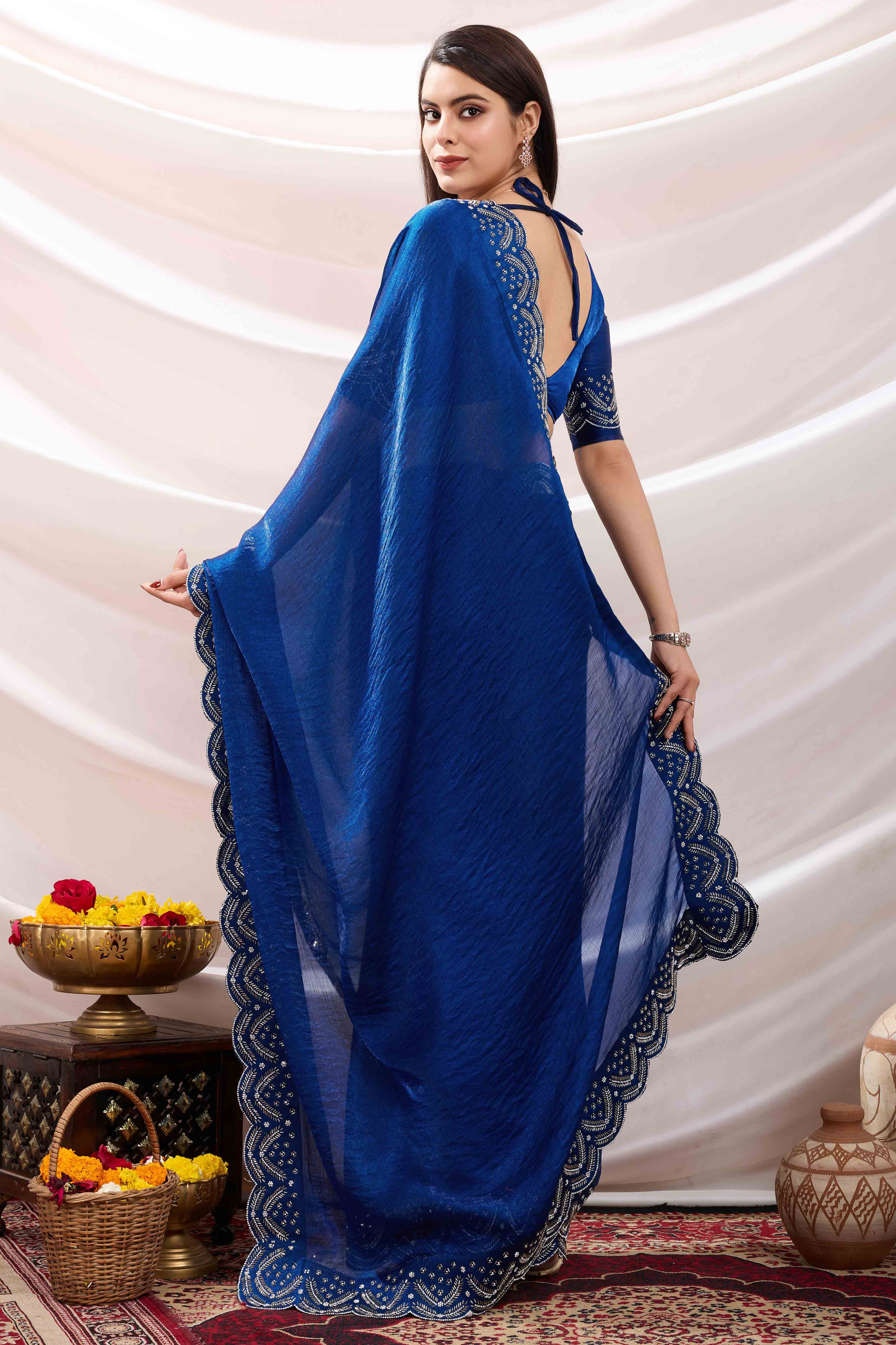 Blue Stone Work Embroidered Velvet Chiffon Saree - Image 6