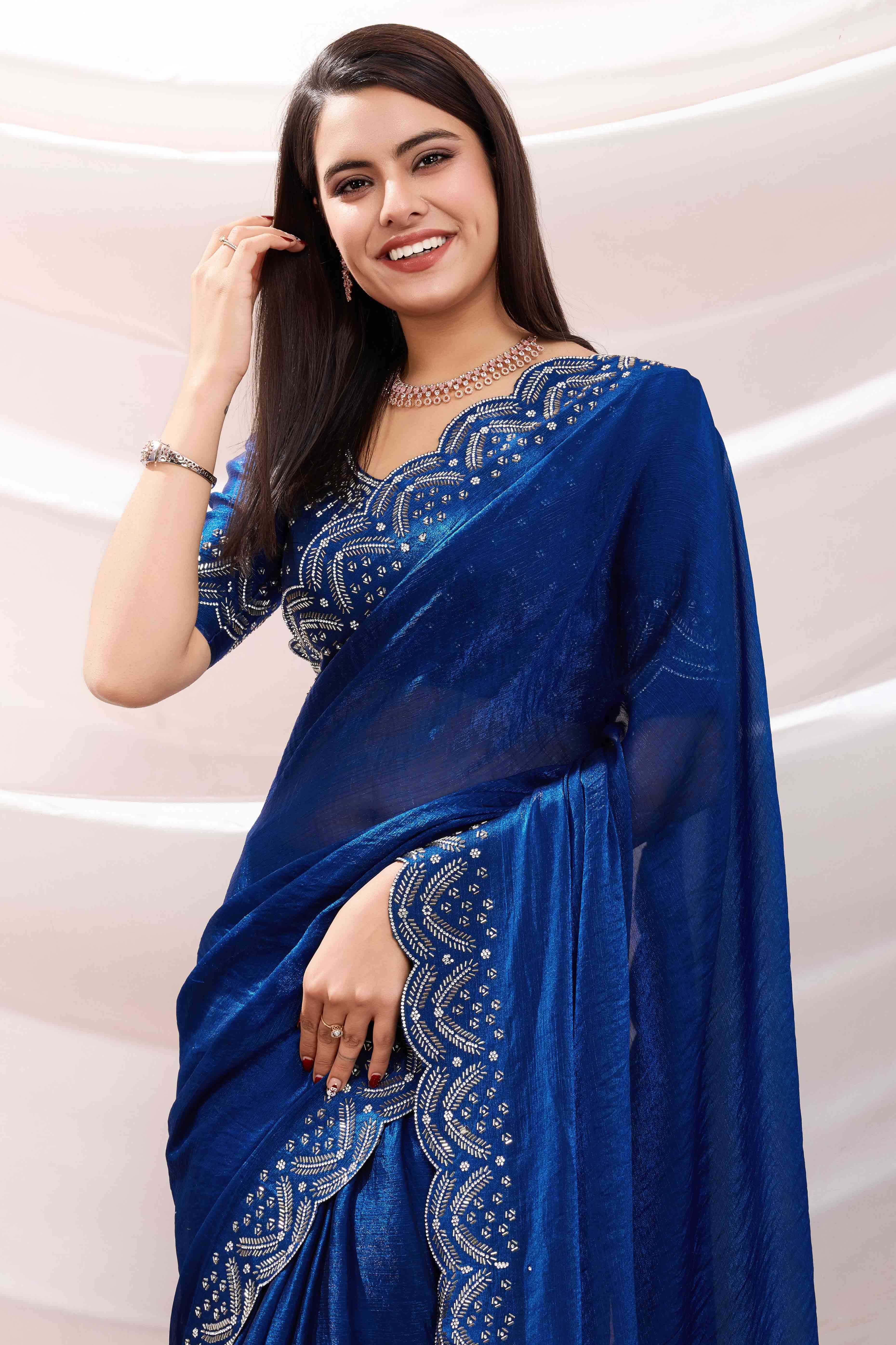 Blue Stone Work Embroidered Velvet Chiffon Saree - Image 7