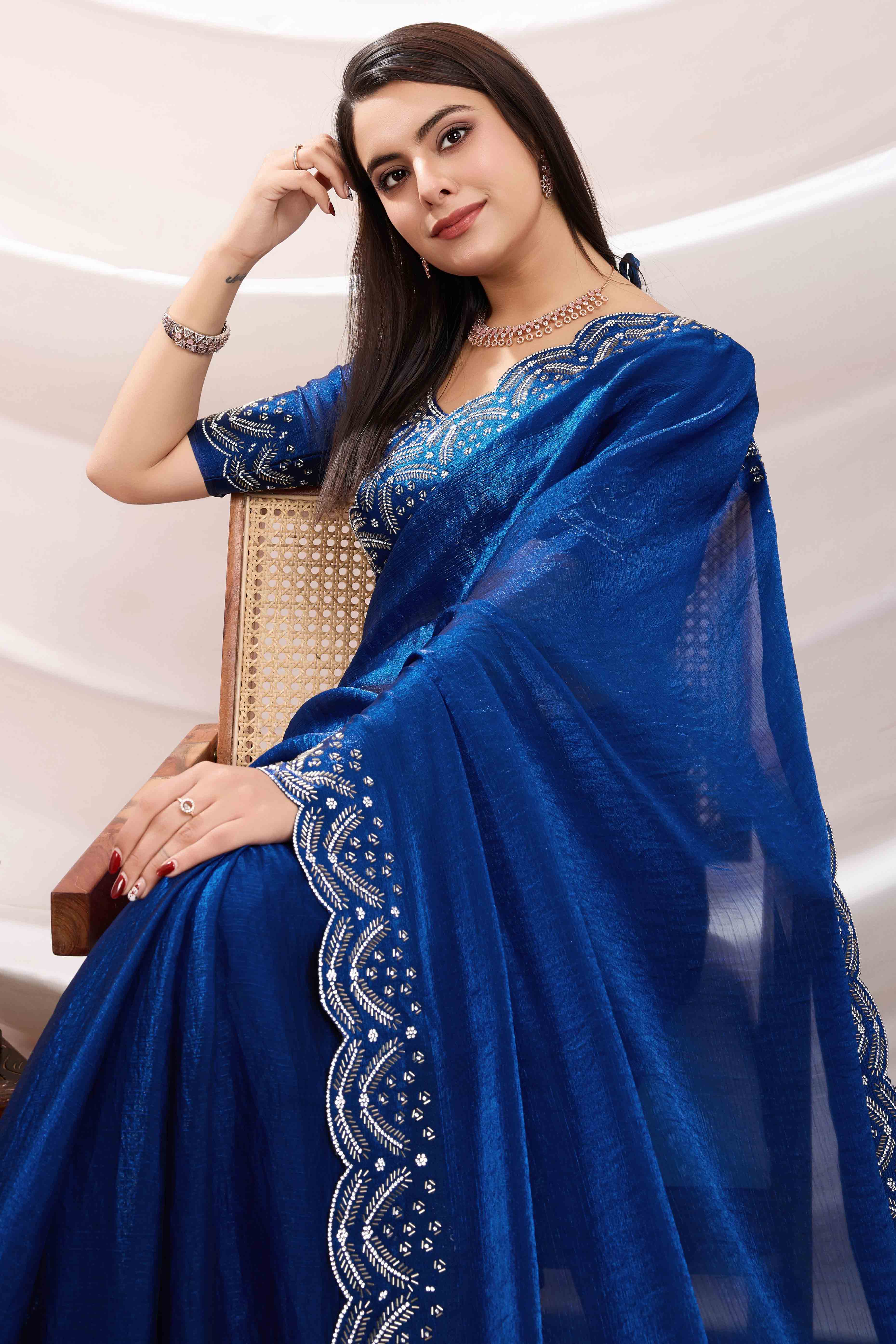 Blue Stone Work Embroidered Velvet Chiffon Saree - Image 8