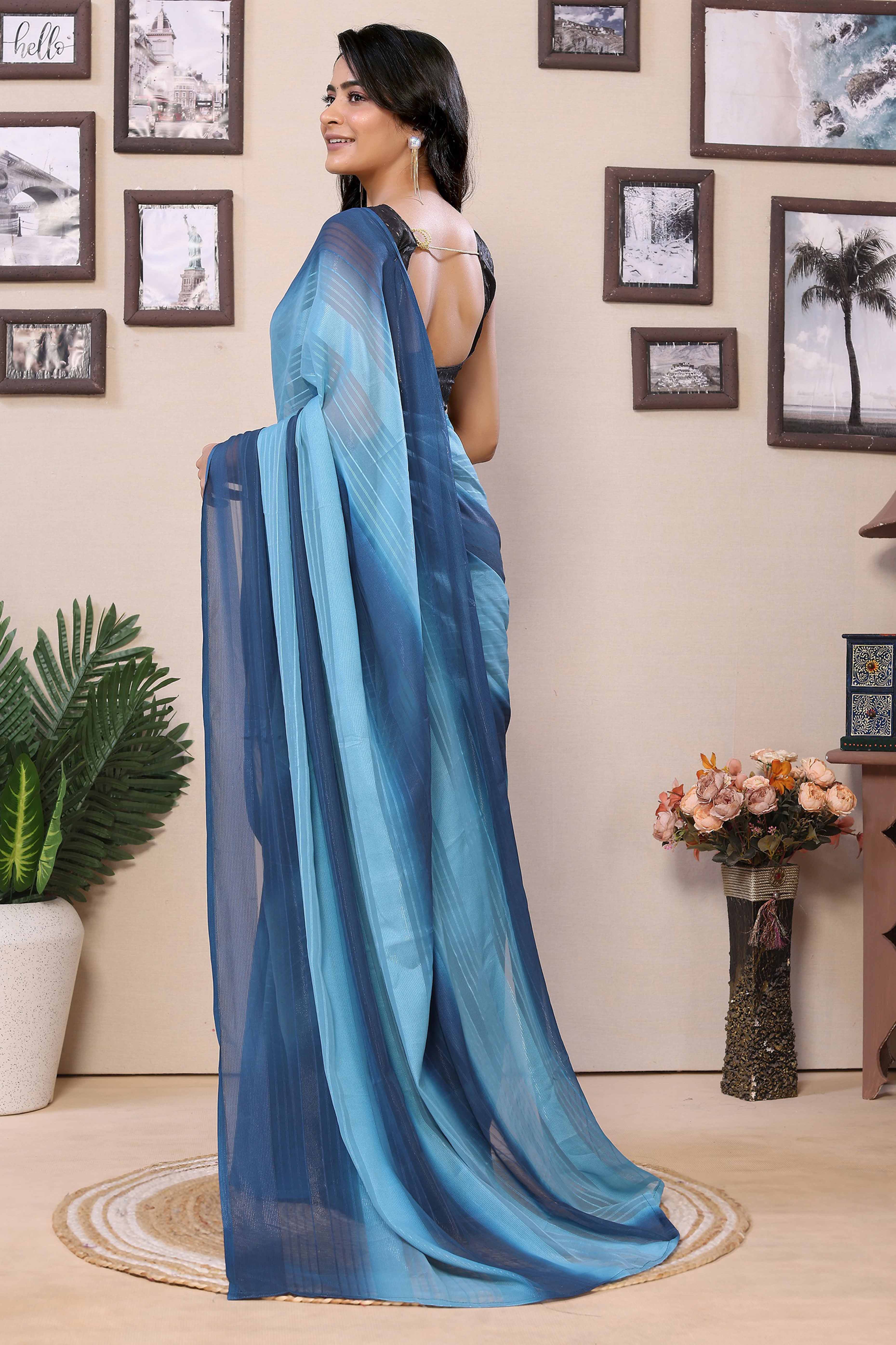 Blue Striped Zari With Digital Printed Georgette Ready To Wear Saree - Image 3