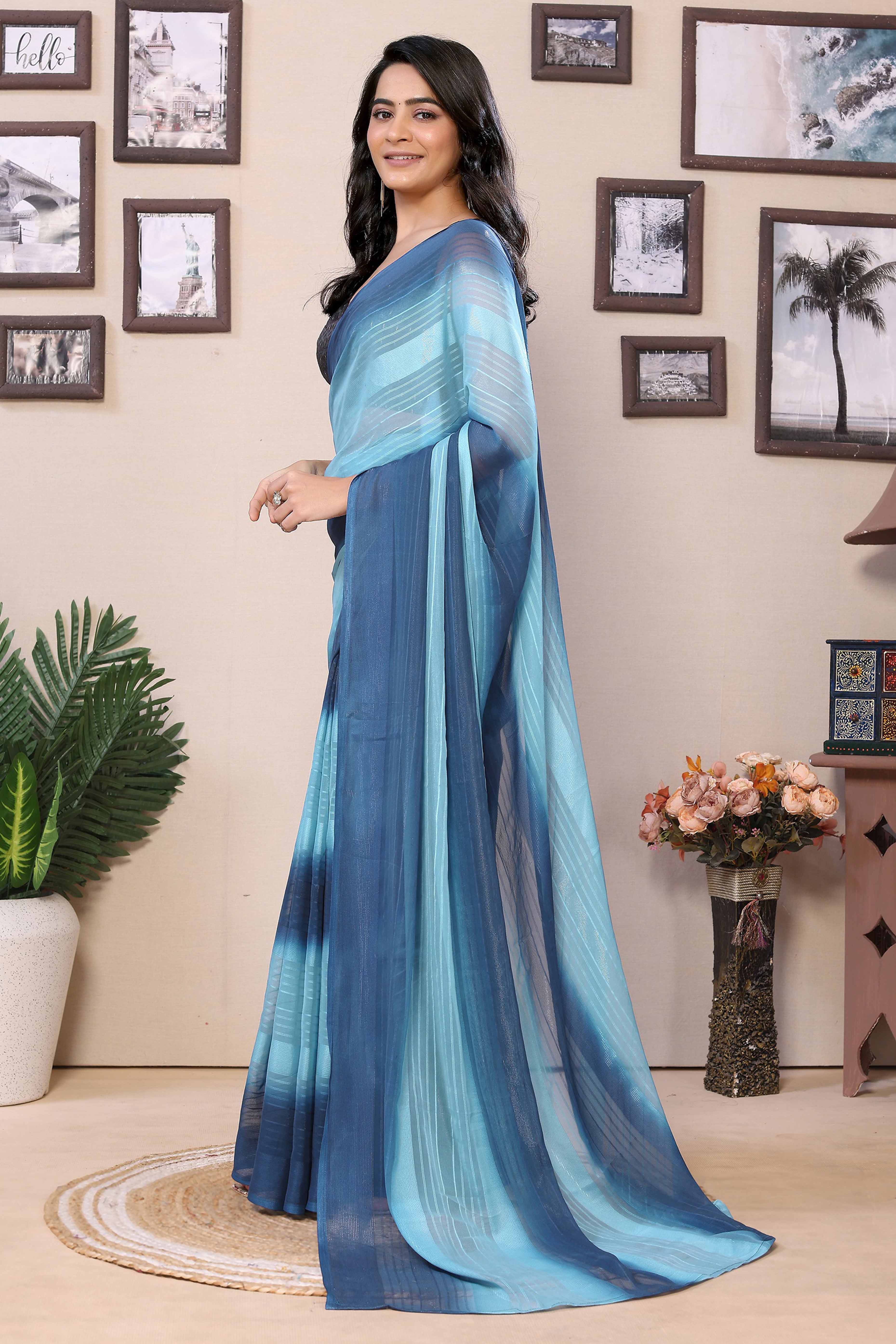 Blue Striped Zari With Digital Printed Georgette Ready To Wear Saree - Image 4
