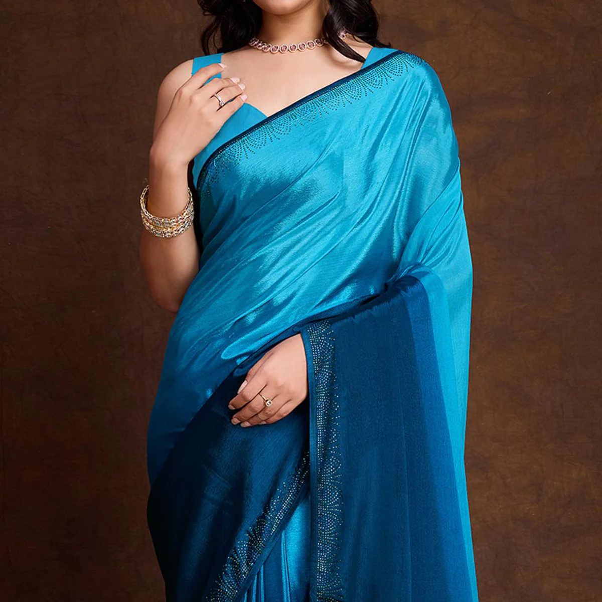 Blue Swarovski Border Work Chinon Ombre Saree - Image 3