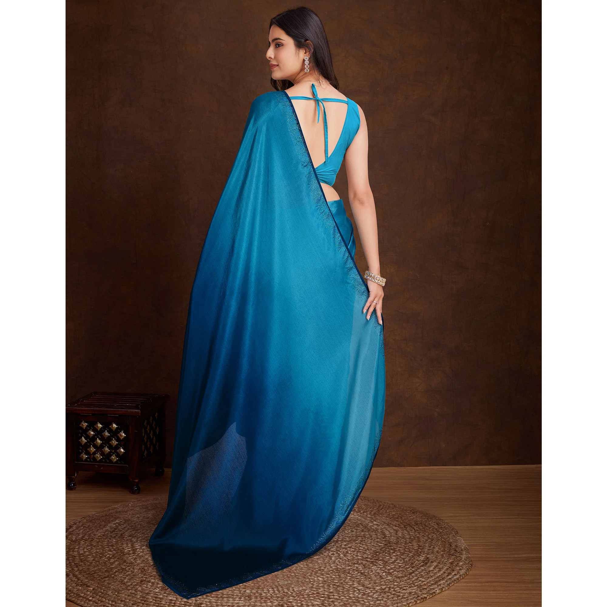 Blue Swarovski Border Work Chinon Ombre Saree - Image 6