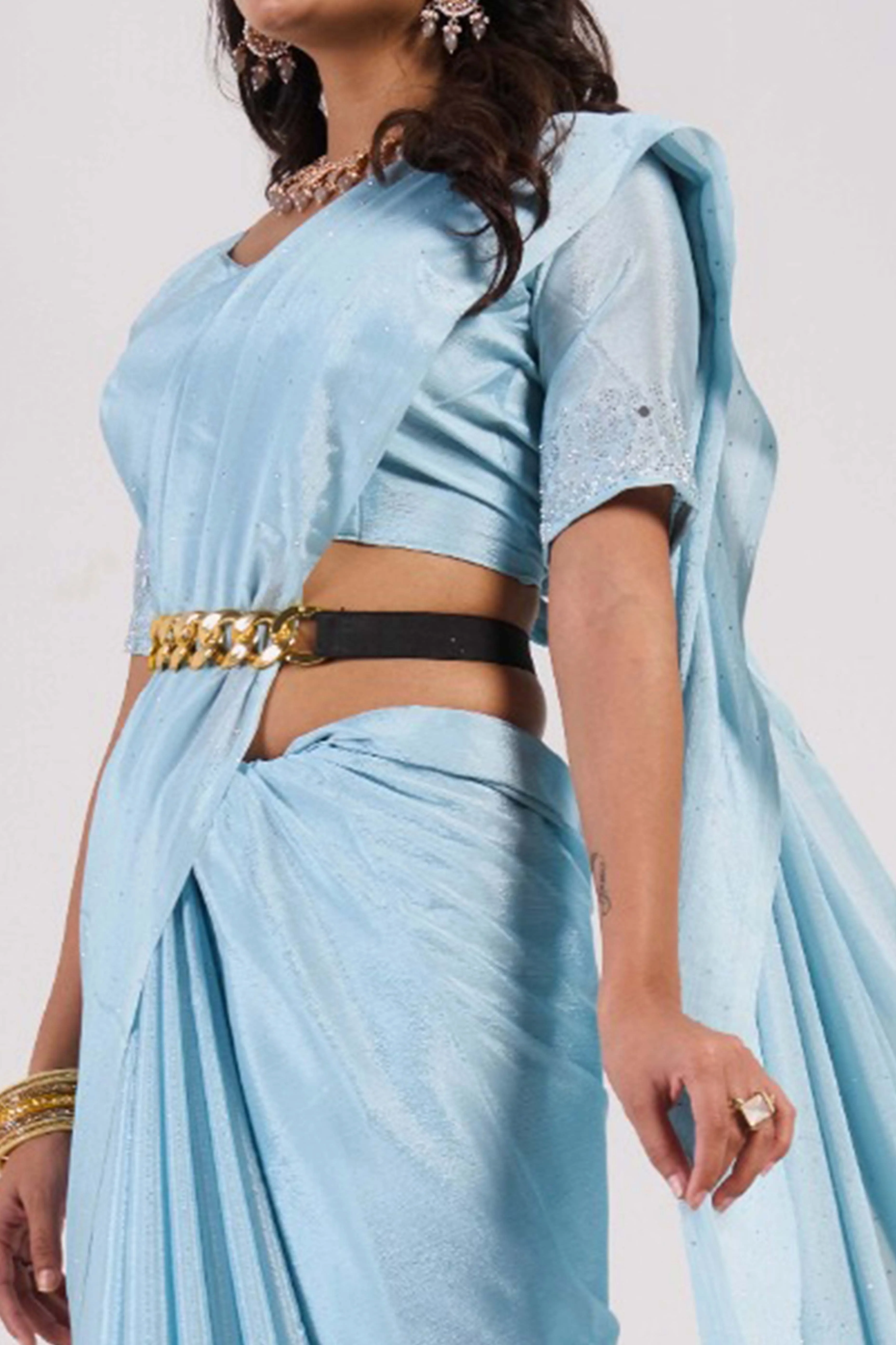 Blue Swarovski With Mirror Work Chinon Saree - Image 2