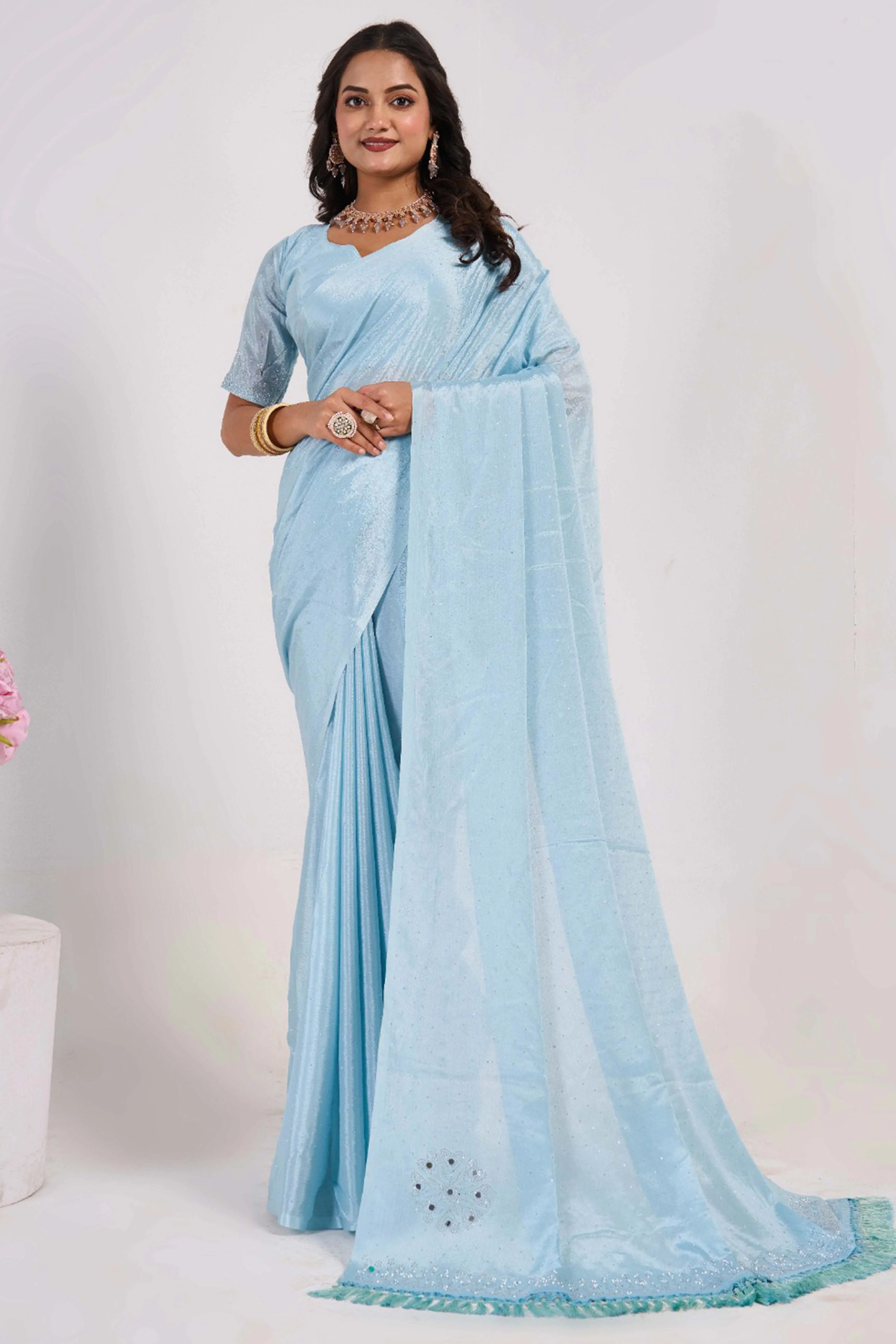 Blue Swarovski With Mirror Work Chinon Saree - Image 3