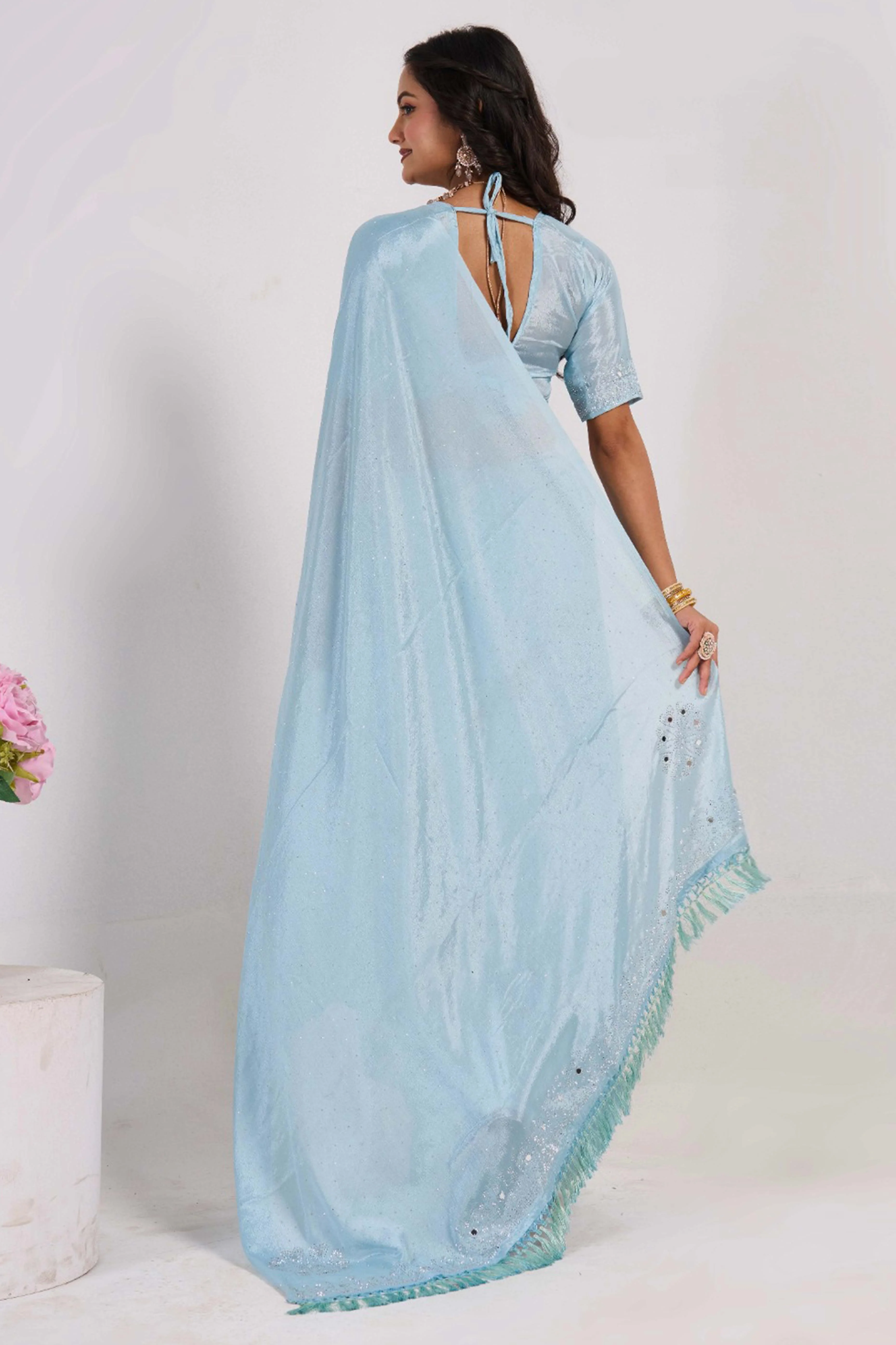 Blue Swarovski With Mirror Work Chinon Saree - Image 5
