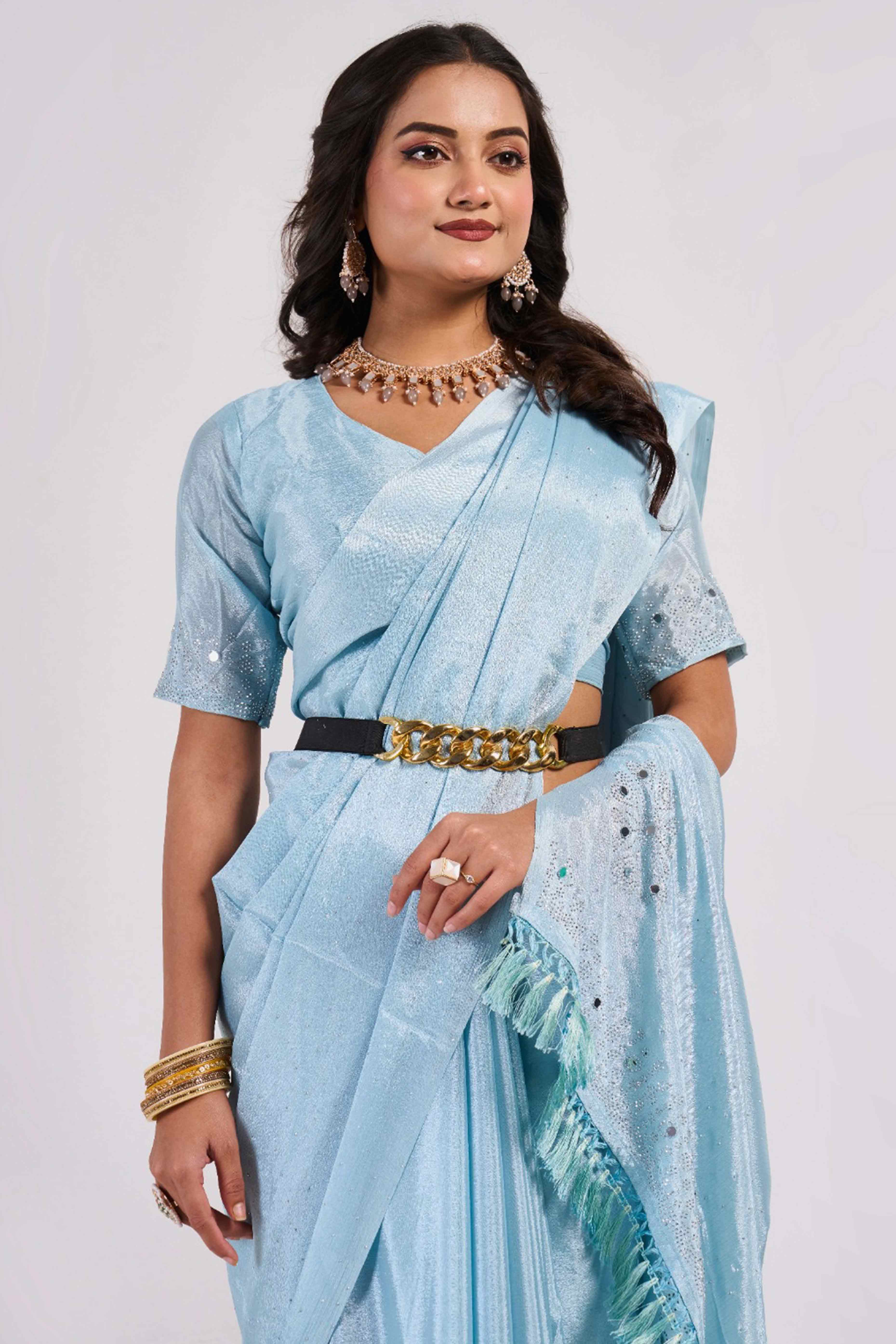 Blue Swarovski With Mirror Work Chinon Saree - Image 6