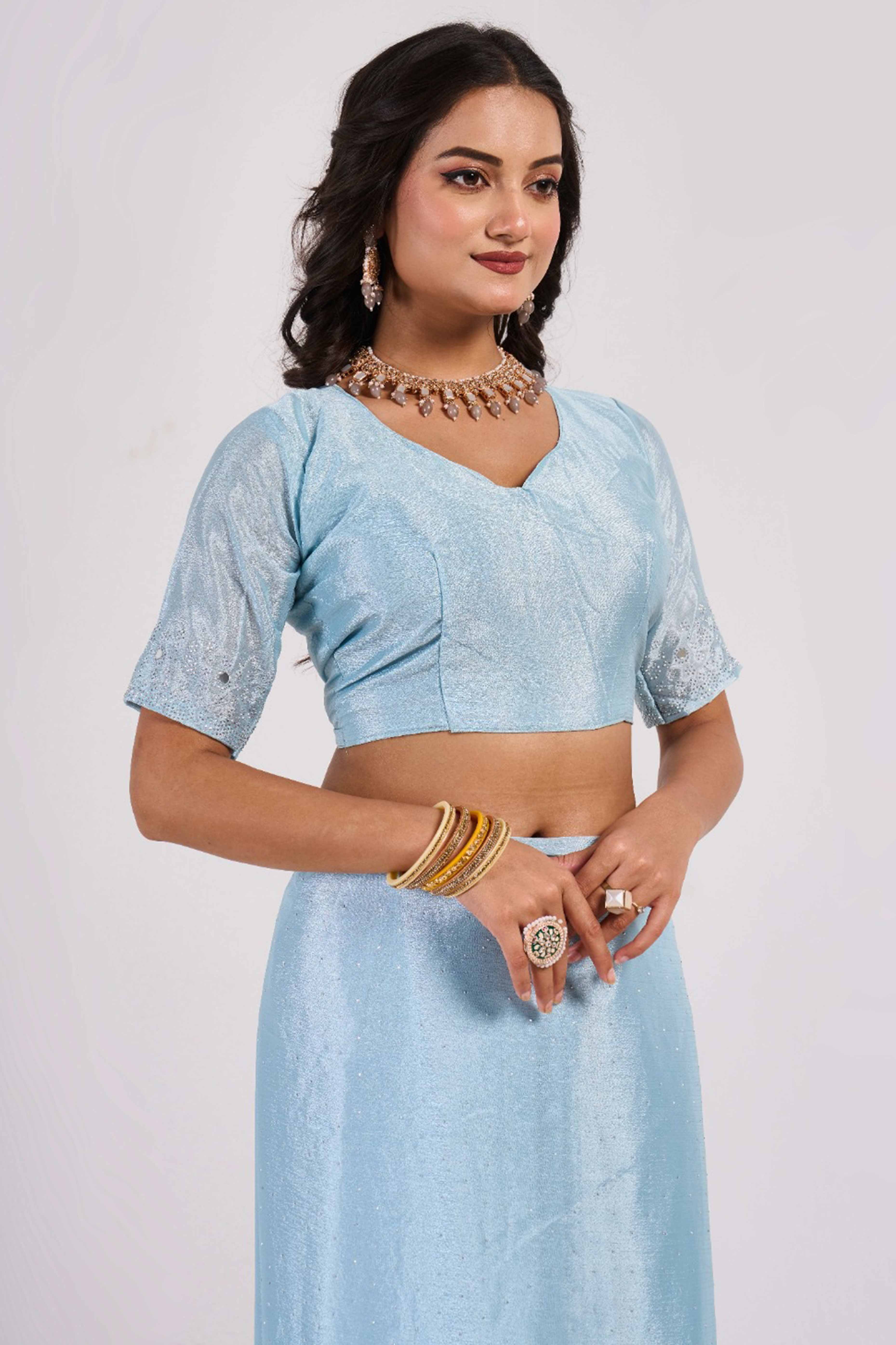 Blue Swarovski With Mirror Work Chinon Saree - Image 7