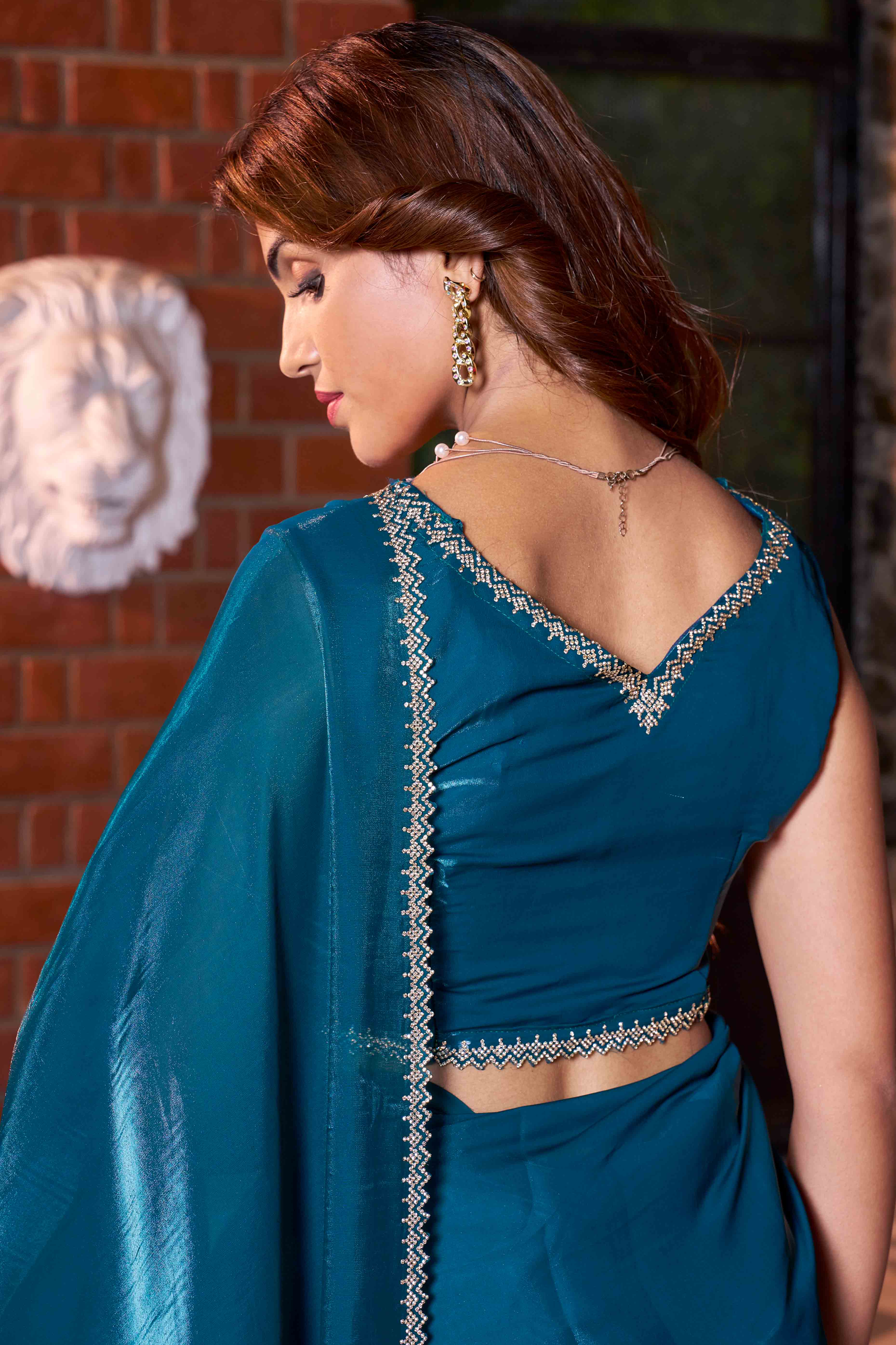 Teal Swarovski Work Embroidered Satin Silk Saree - Image 6