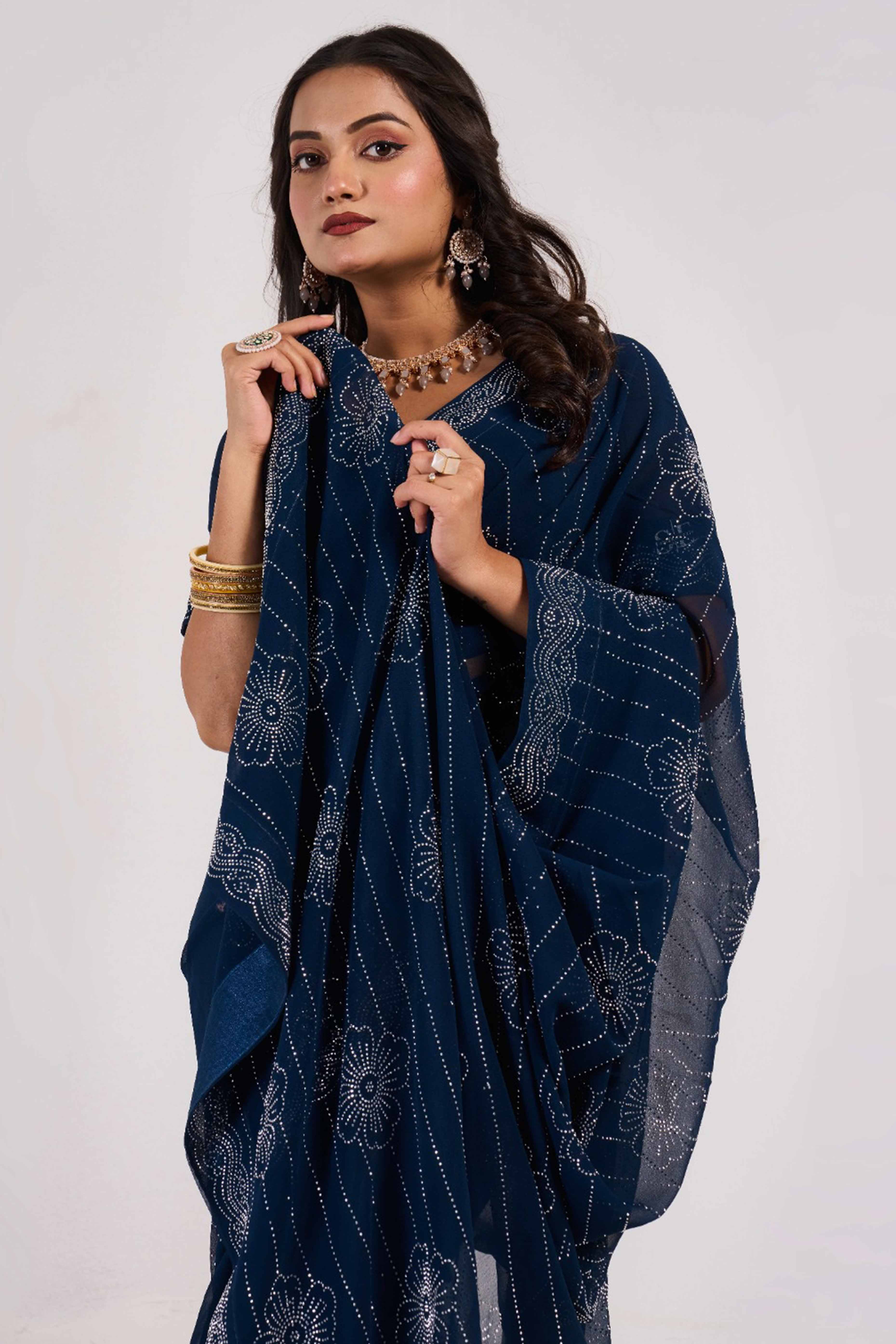 Blue Swarovski Work Georgette Saree - Image 6