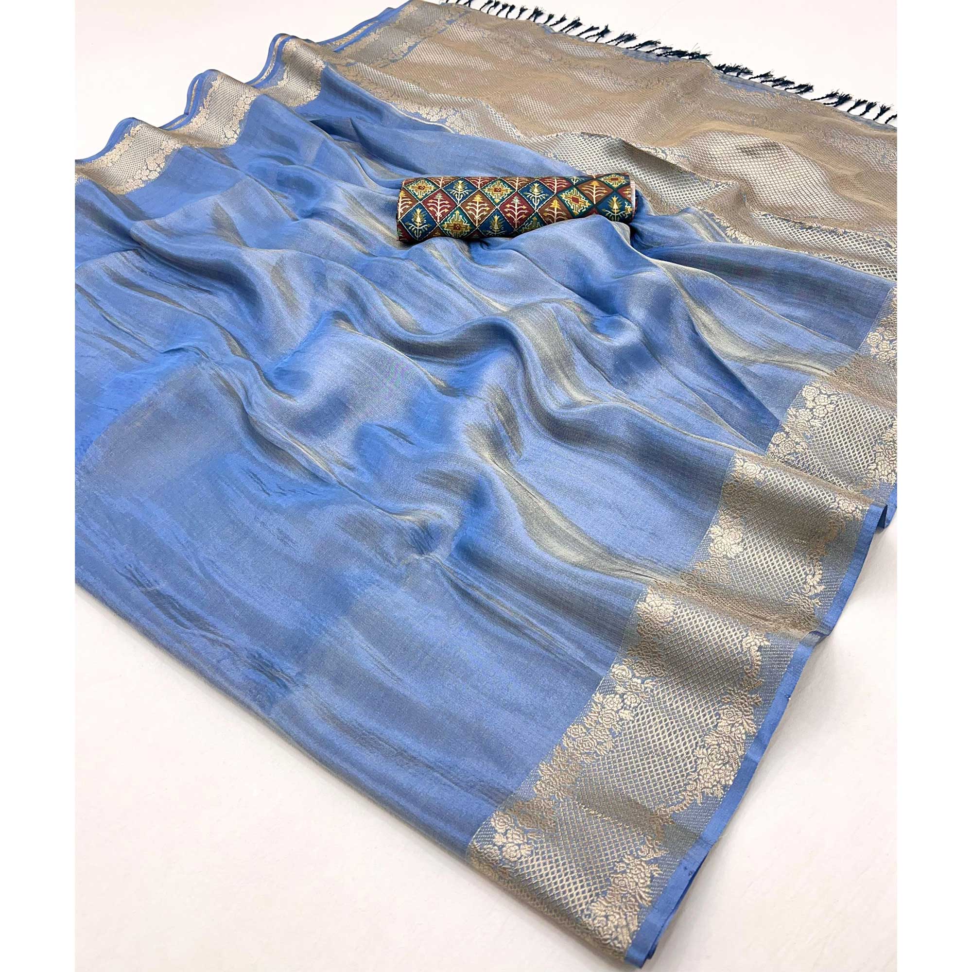 Blue Tissue Saree Adorned with Zari Weaving Border - Image 3