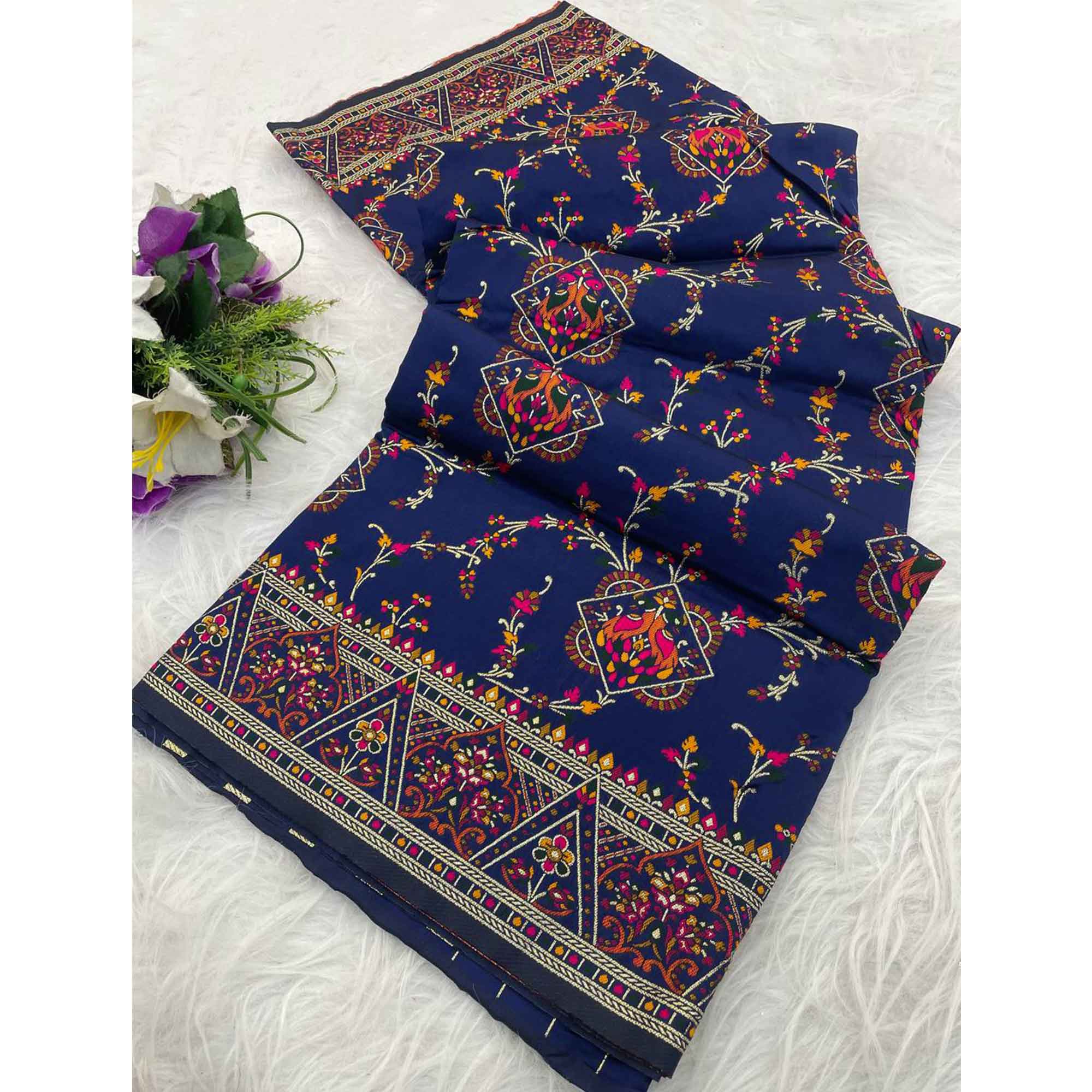 Blue Traditional Rajwadi Weaving Pashmina Silk Saree With Kashmiri Pallu & Elegant Zari Border - Image 3