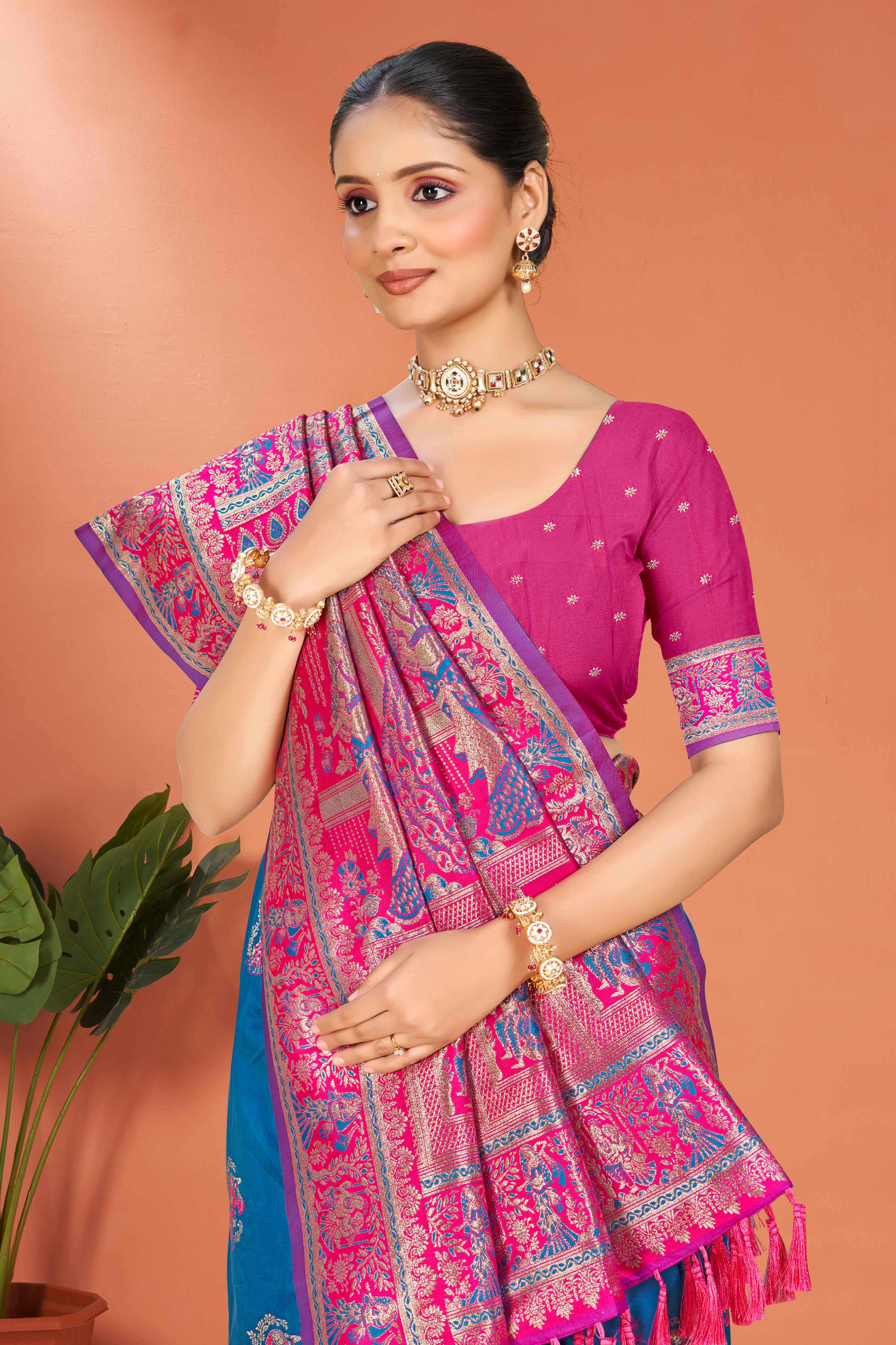 Blue Traditional Zari Weaving Silk Blend Saree Accented With Tassel Pallu - Image 3