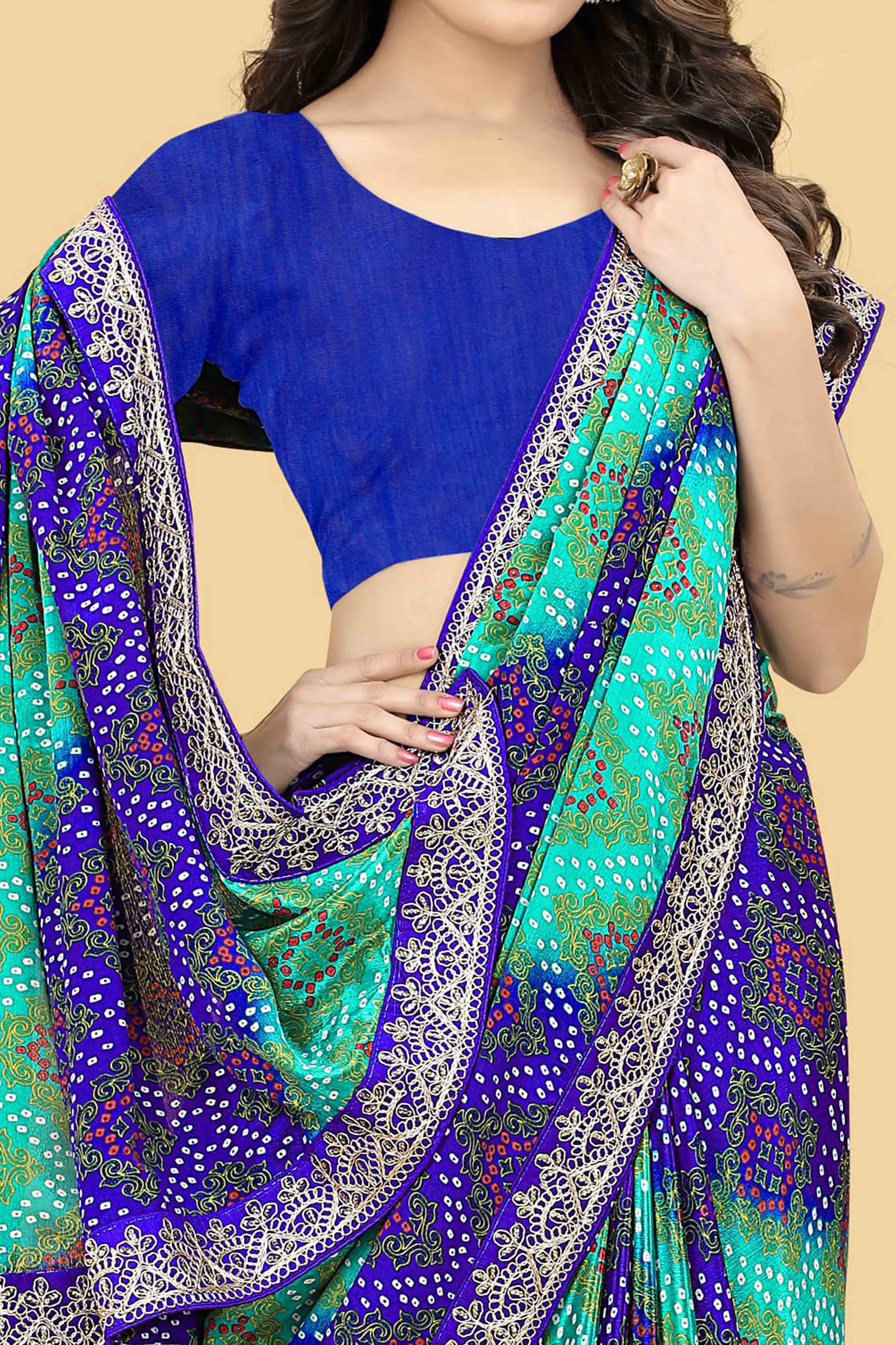 Blue & Turquoise Bandhani Printed Chinon Saree - Image 2