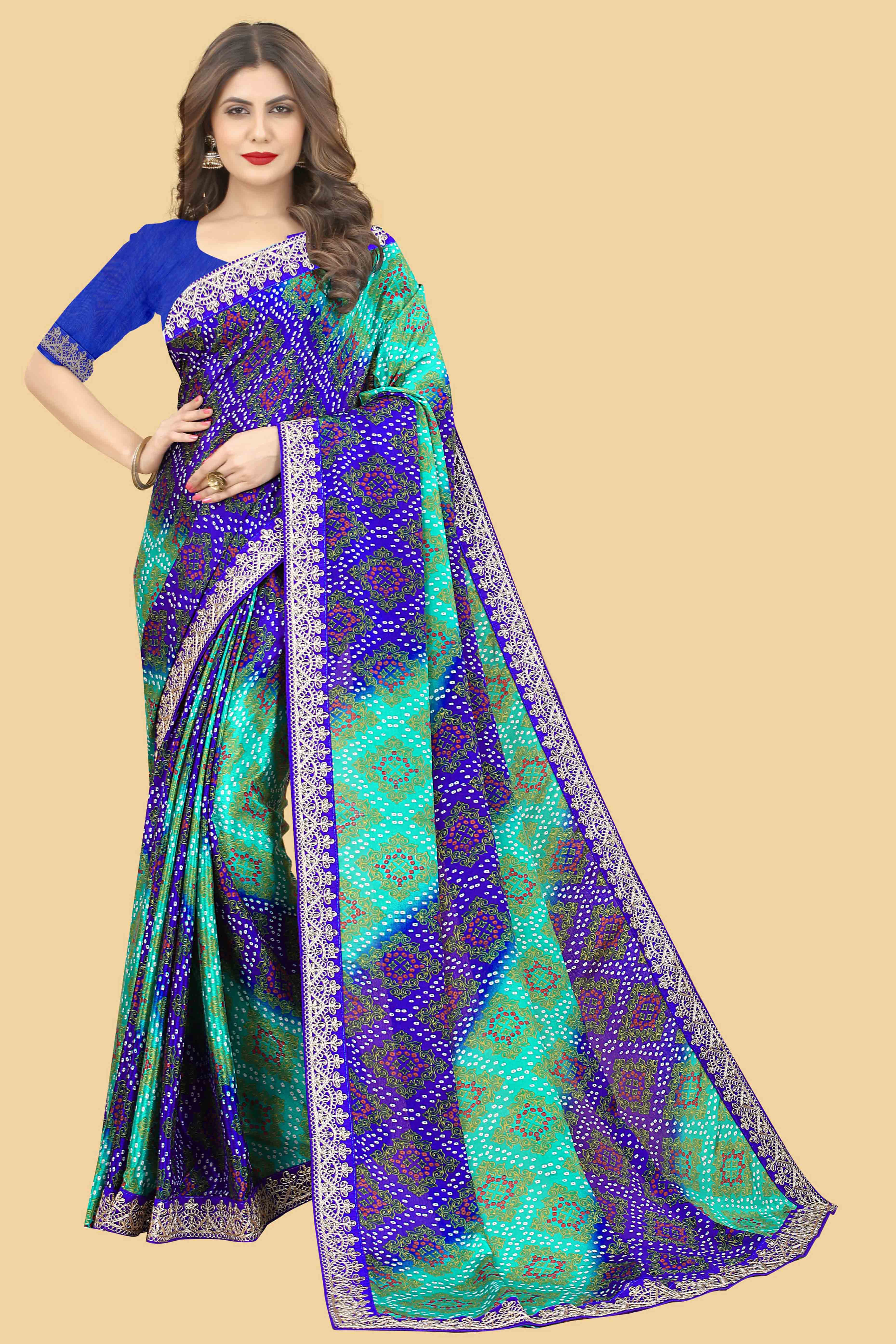Blue & Turquoise Bandhani Printed Chinon Saree - Image 3