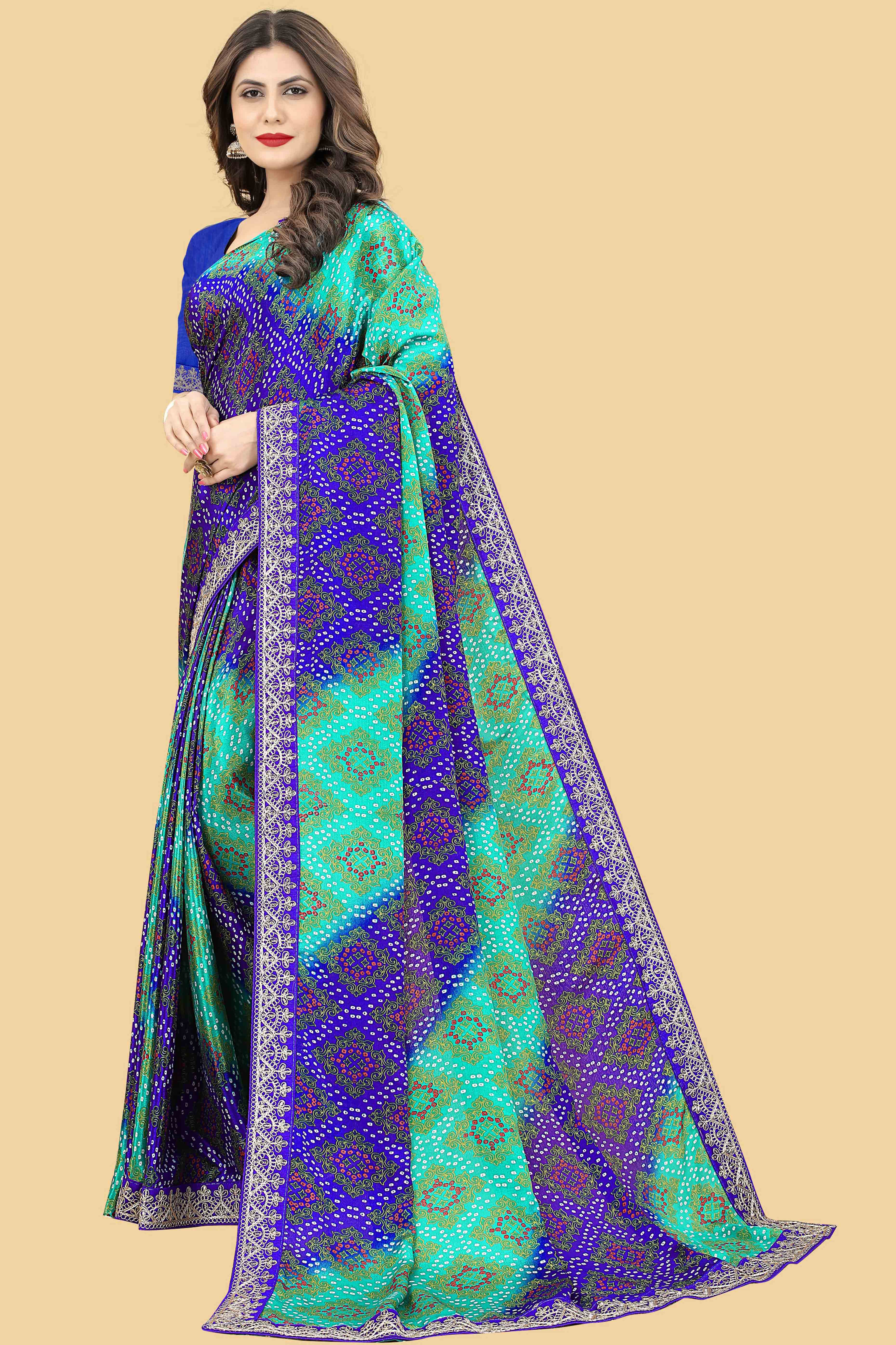 Blue & Turquoise Bandhani Printed Chinon Saree - Image 4
