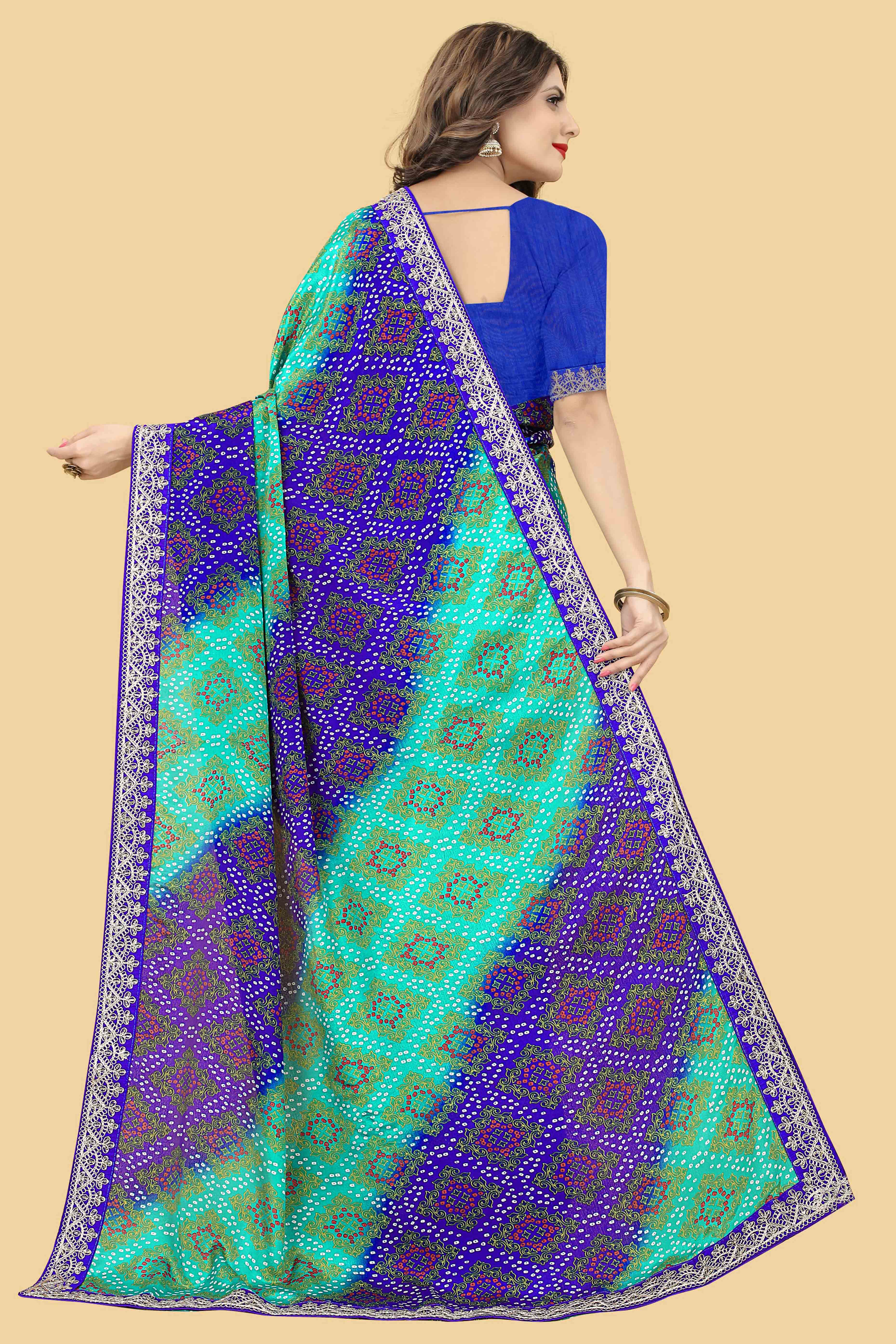 Blue & Turquoise Bandhani Printed Chinon Saree - Image 5
