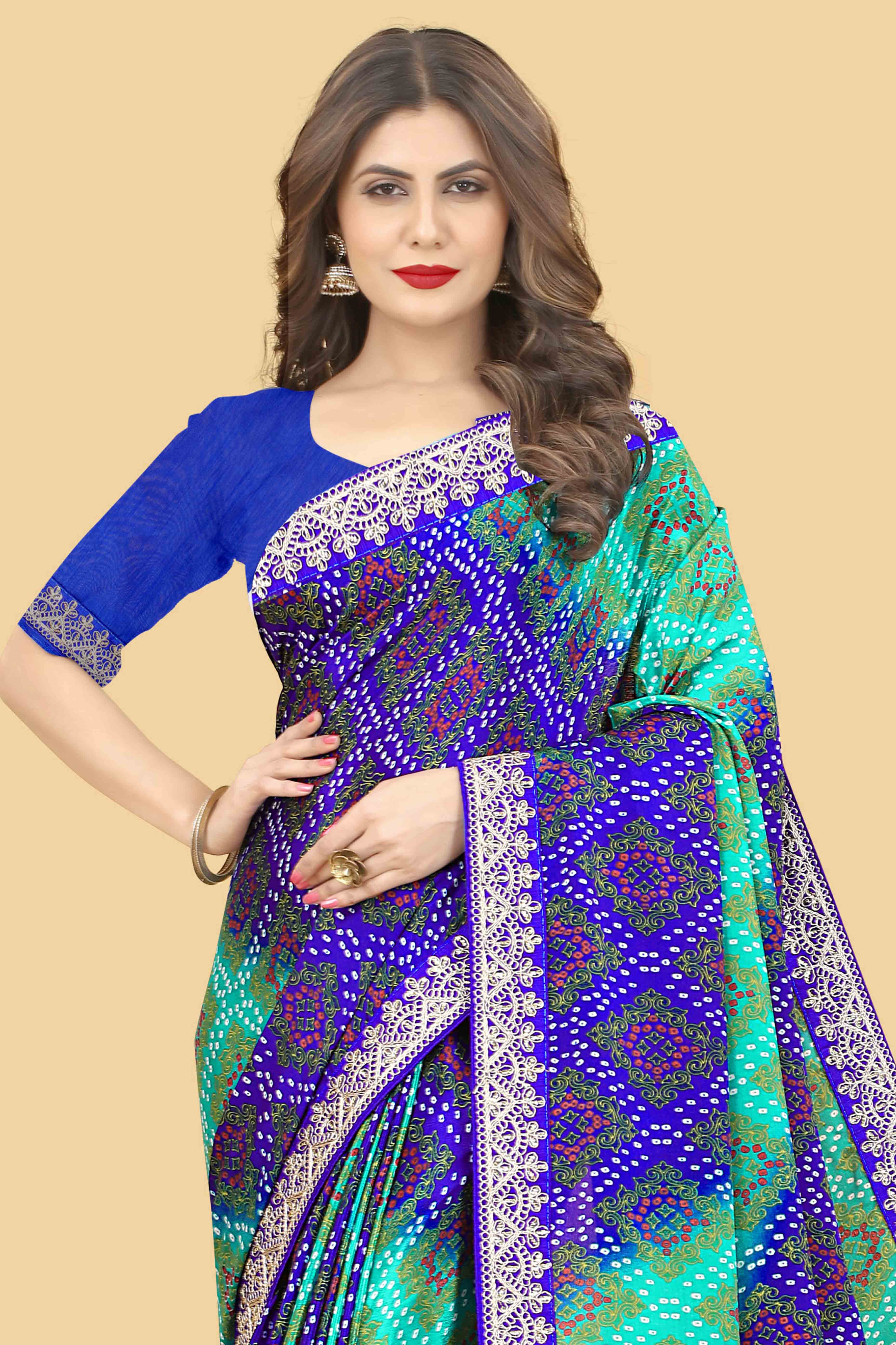 Blue & Turquoise Bandhani Printed Chinon Saree - Image 6