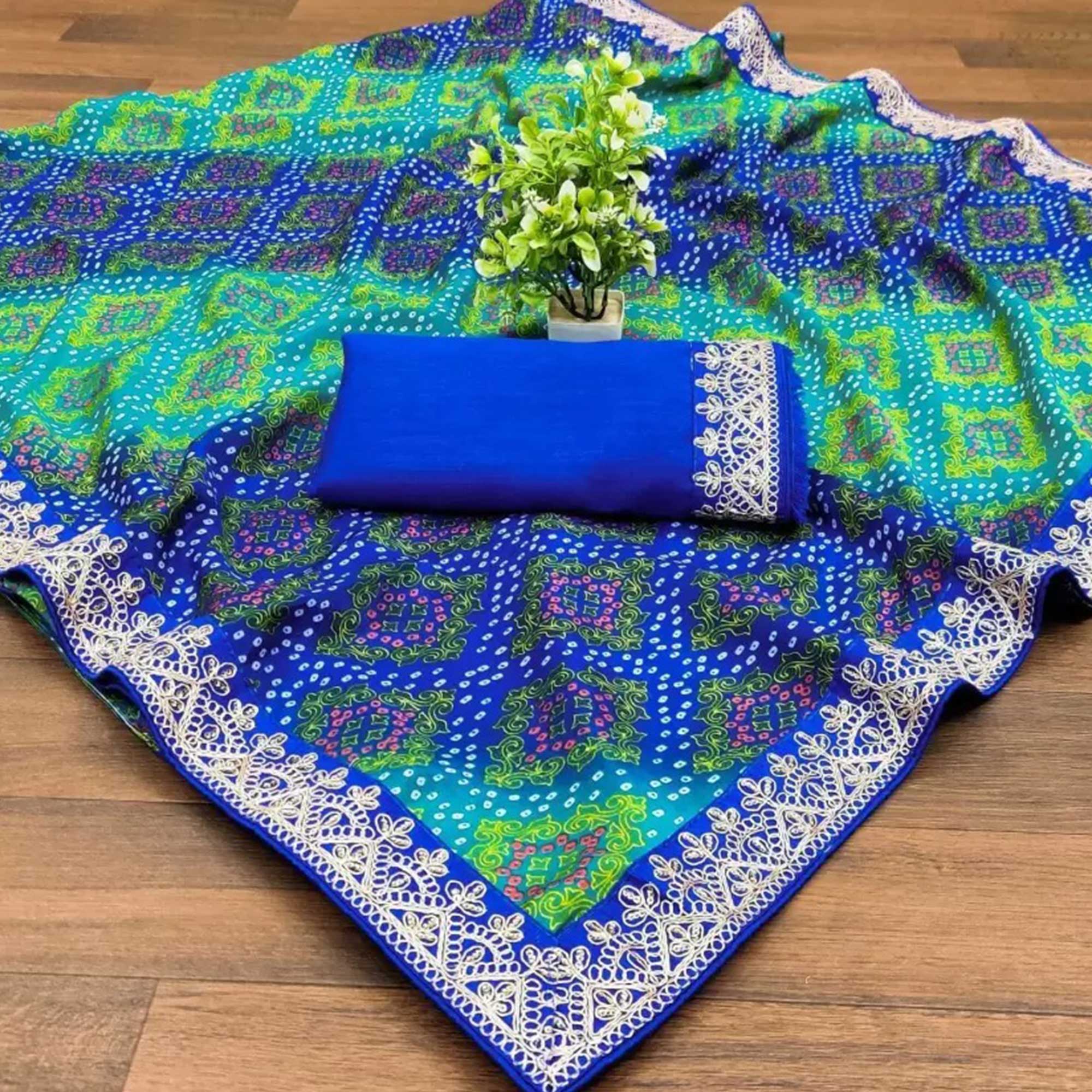 Blue & Turquoise Bandhani Printed Chinon Saree - Image 7