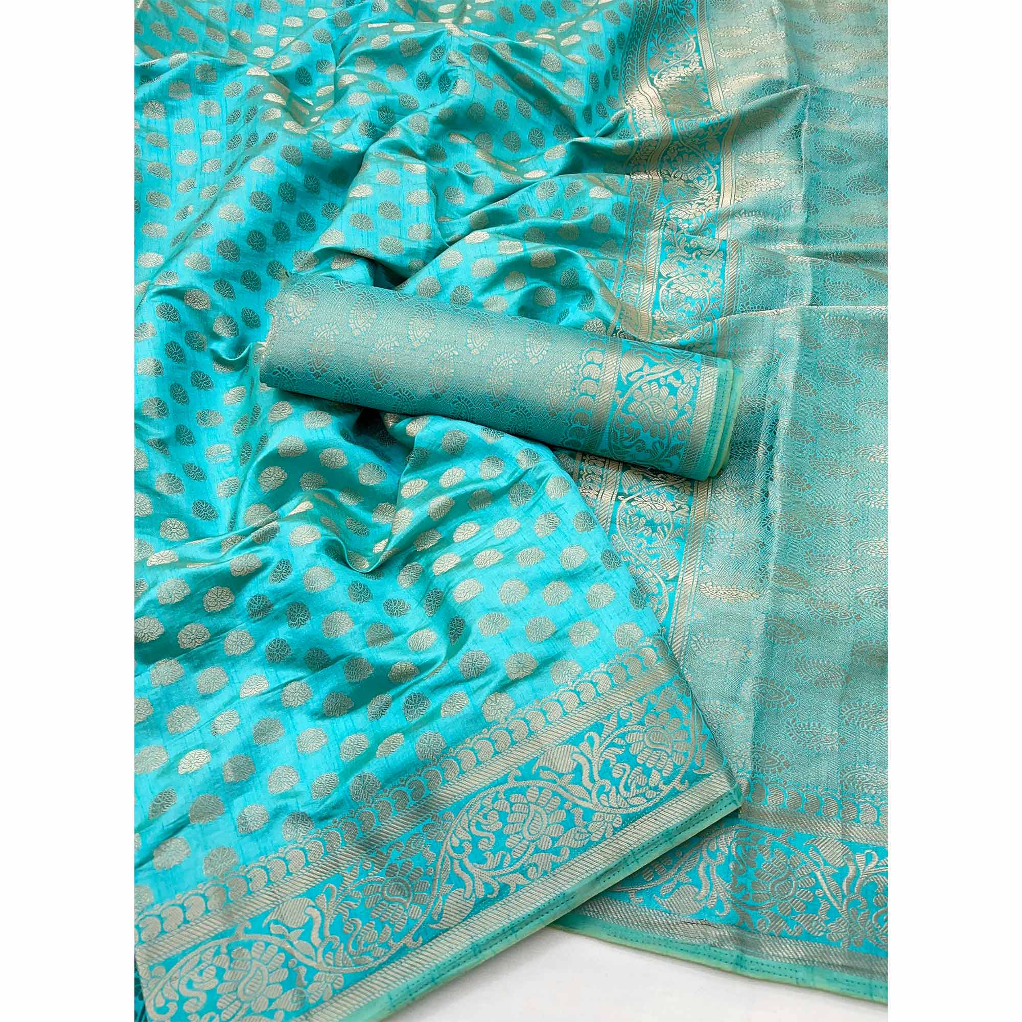 Blue Tusser Cotton Silk Saree Featuring Intricate Floral Zari Weave & Tassel Pallu - Image 3