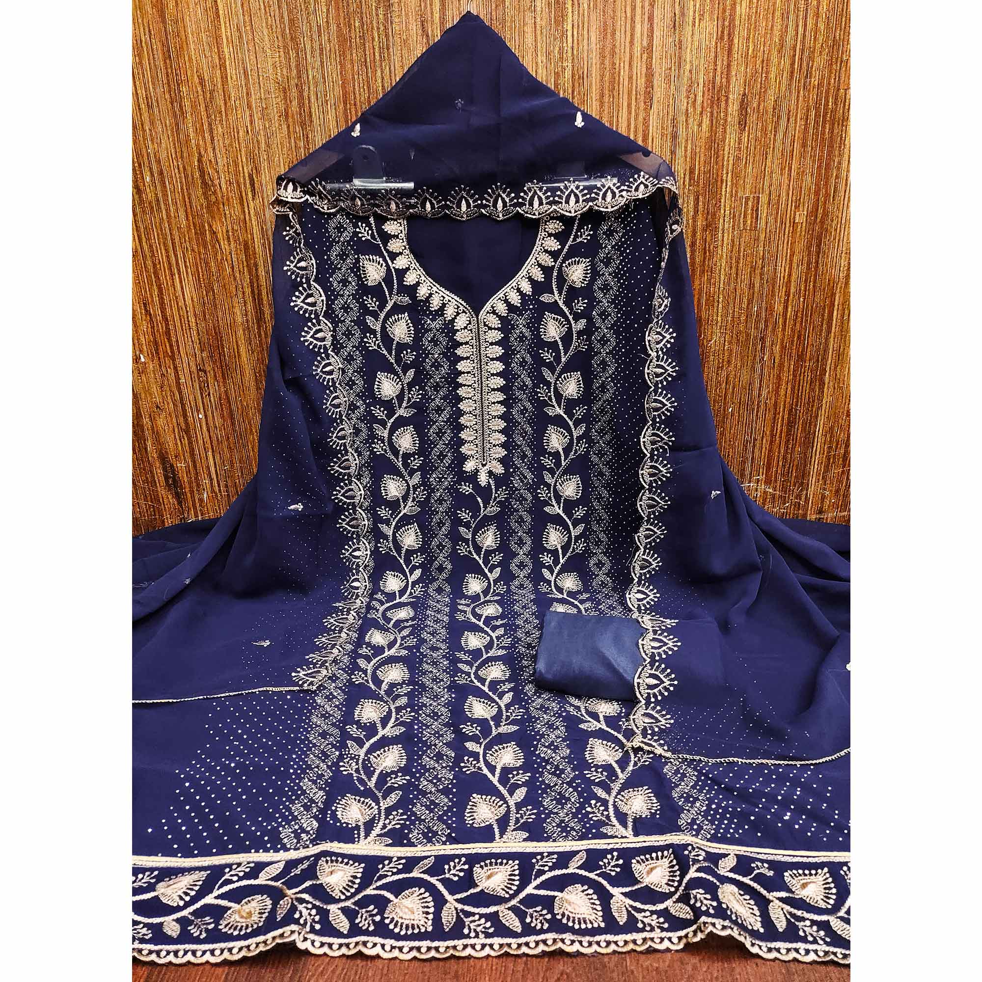 Blue Unstitched Georgette Suit Material Accented with Beautiful Thread Embroidery - Image 3