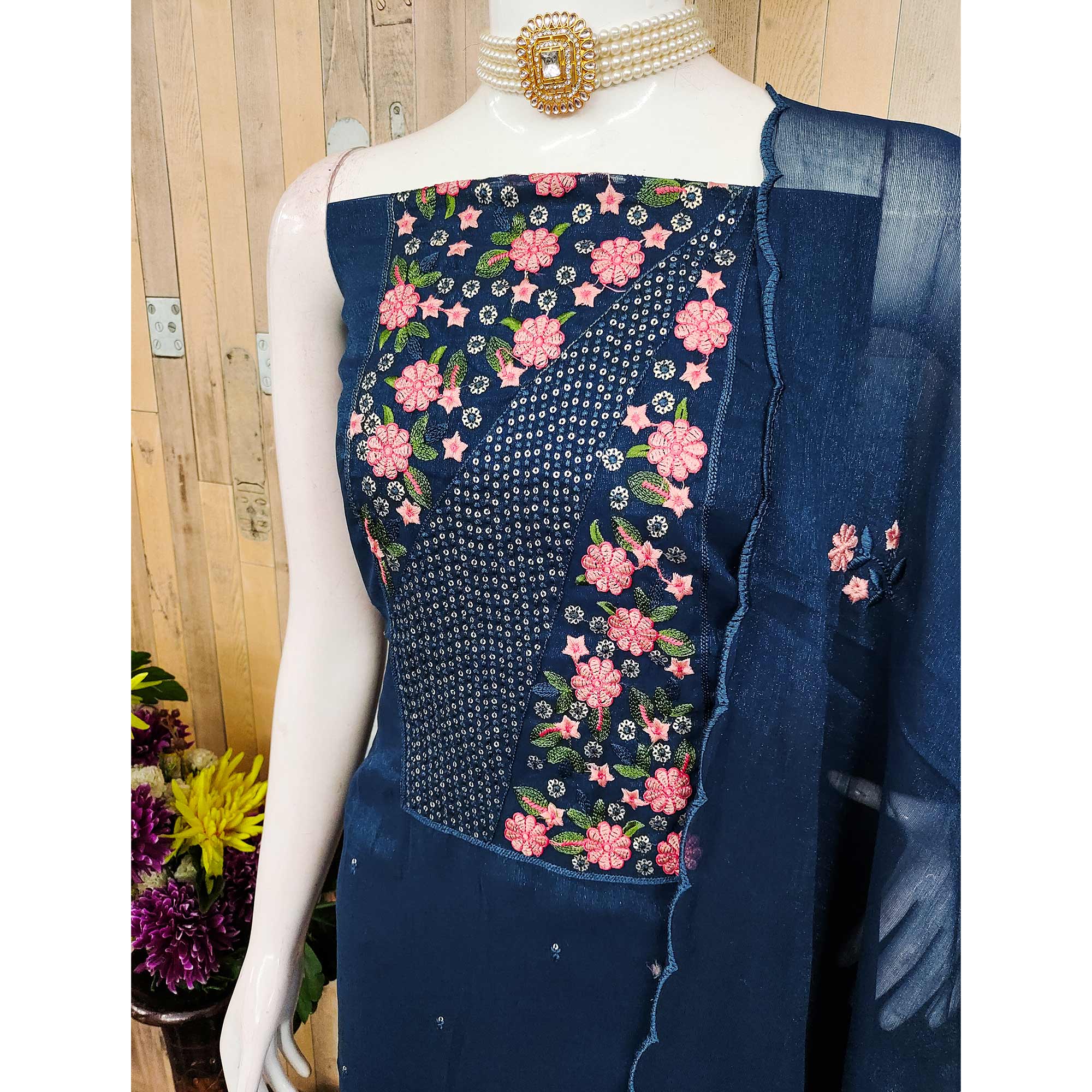 Blue Unstitched Shimmer Dress Material with Stylish Floral Embellishment - Image 4