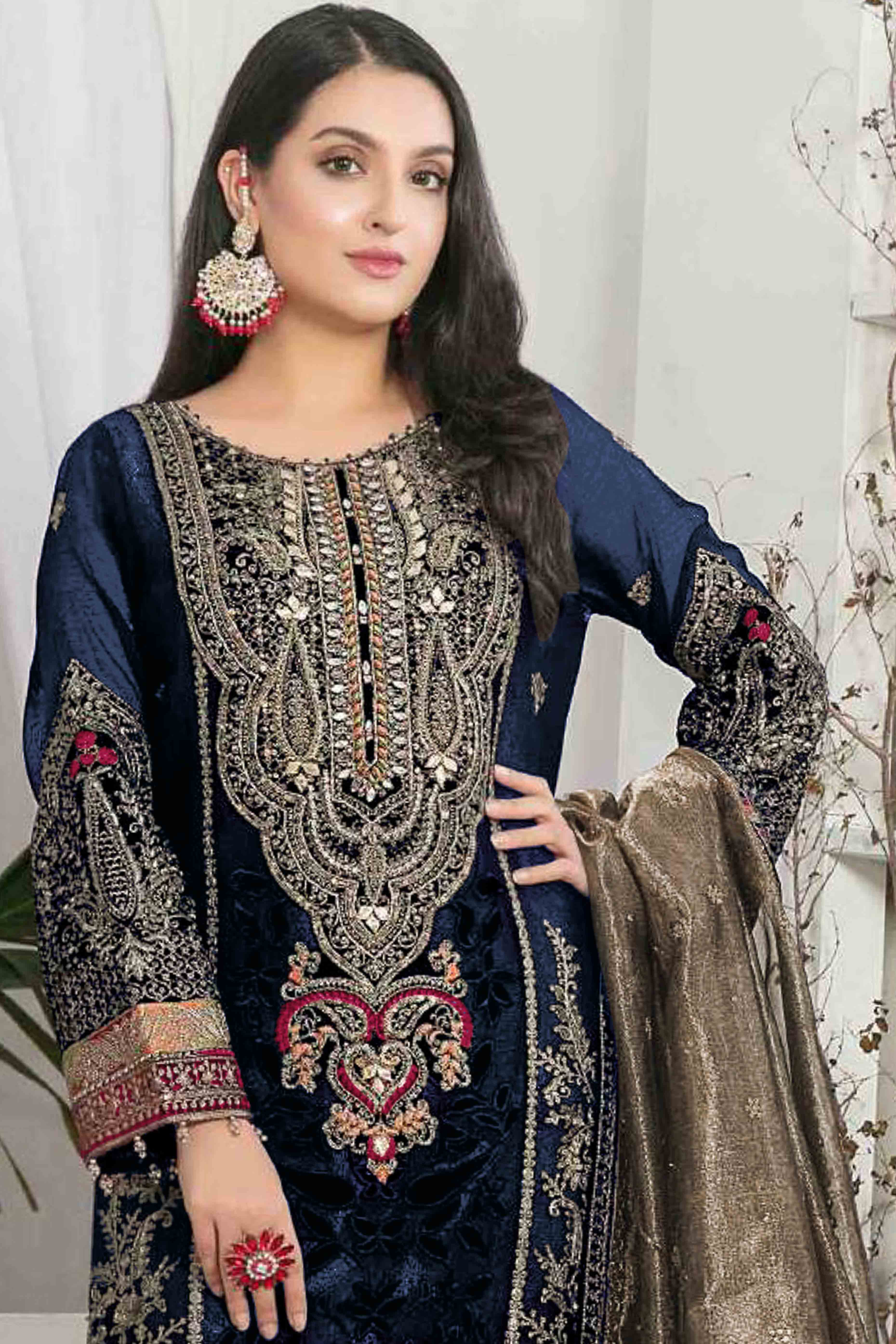 Blue Velvet Dress Material Adorned with Sequins & Thread Embroidery - Image 3
