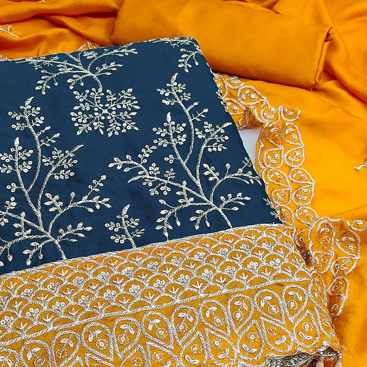 Blue Vichitra Silk Dress Material With Exquisite Sequins & Zari Embroidery - Image 2