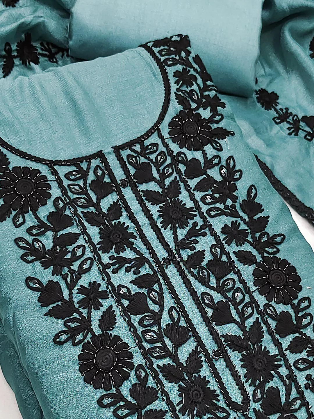 Blue Vichitra Silk Dress Material With Floral Embroidery & Delicate Sequins & Beads Work - Image 5