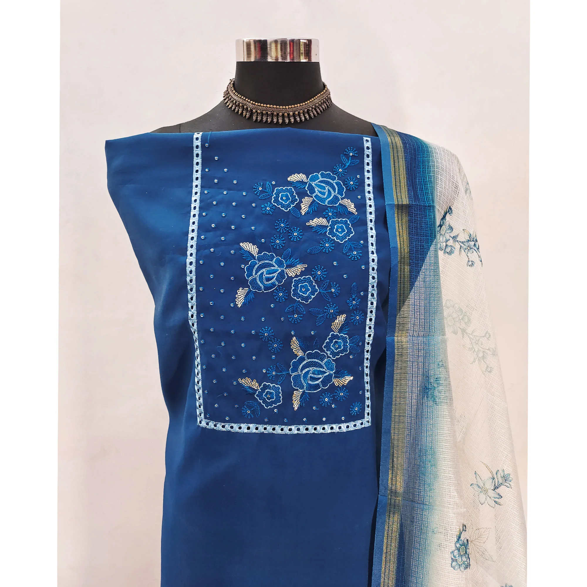 Blue Viscose Dress Material With Stunning Floral Sequin Embroidery - Image 4