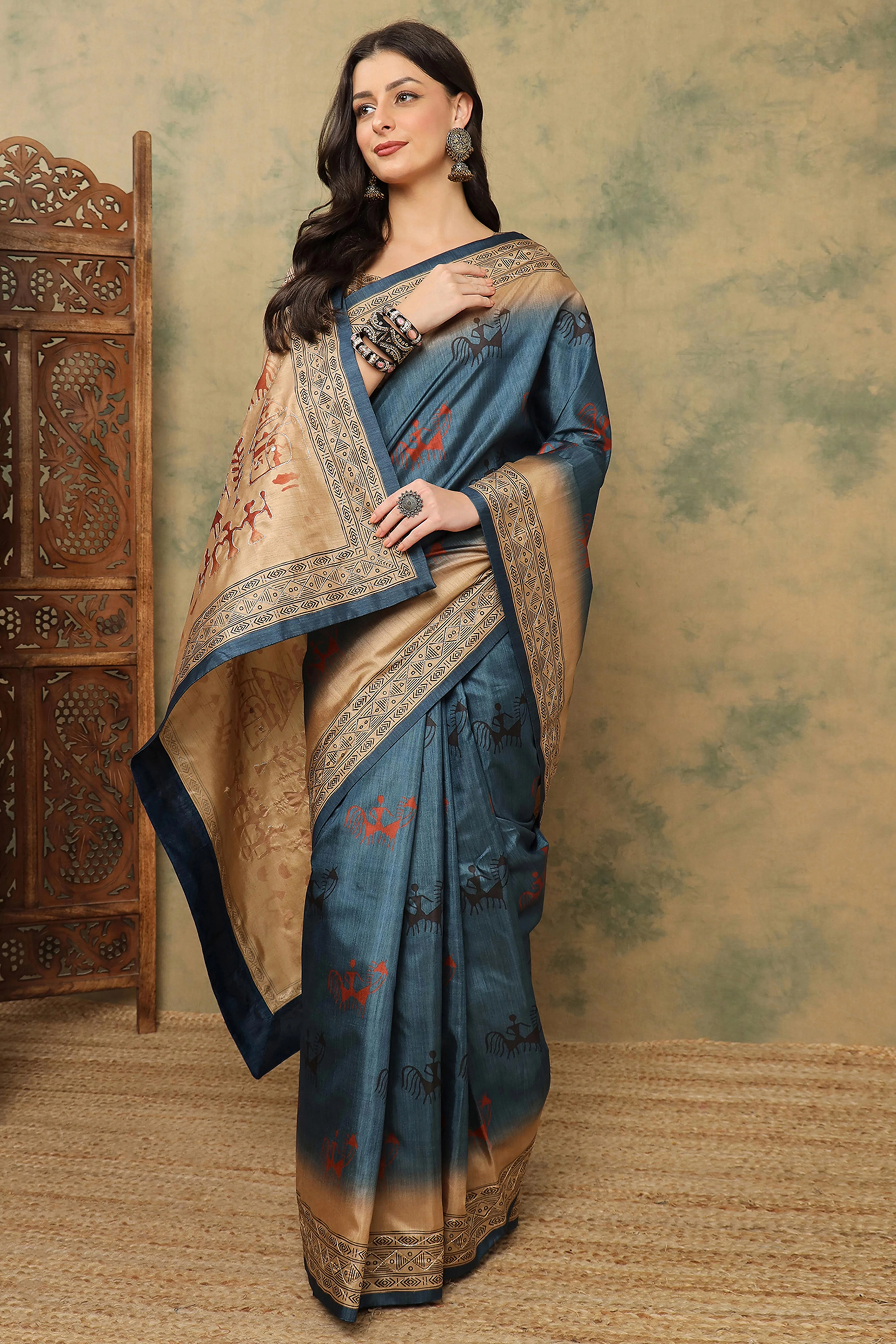 Blue Warli Folk Art Printed Cotton Silk Saree Flowy Drape Festive Wear - Image 3